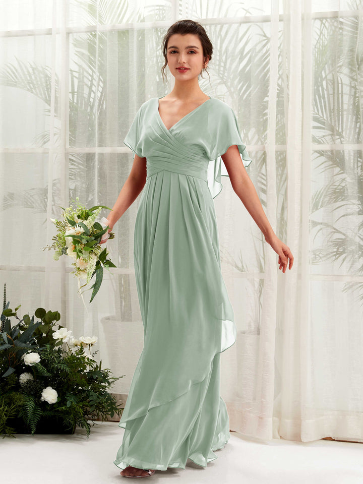 Carlyna Vestido línea A escote en V manga con vuelo vestidos de dama de honor Verde Salvia 