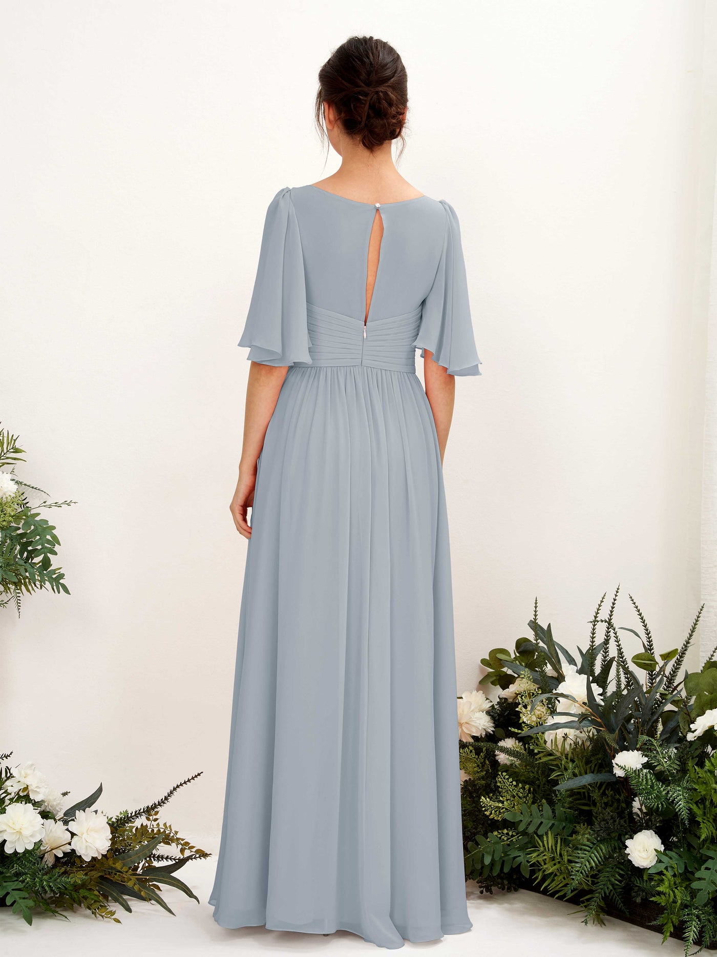Carlyna Vestido Línea A escote en V manga corta hasta el suelo de gasa Azul Empolvado Mejorado #color_azul-empolvado-mejorado