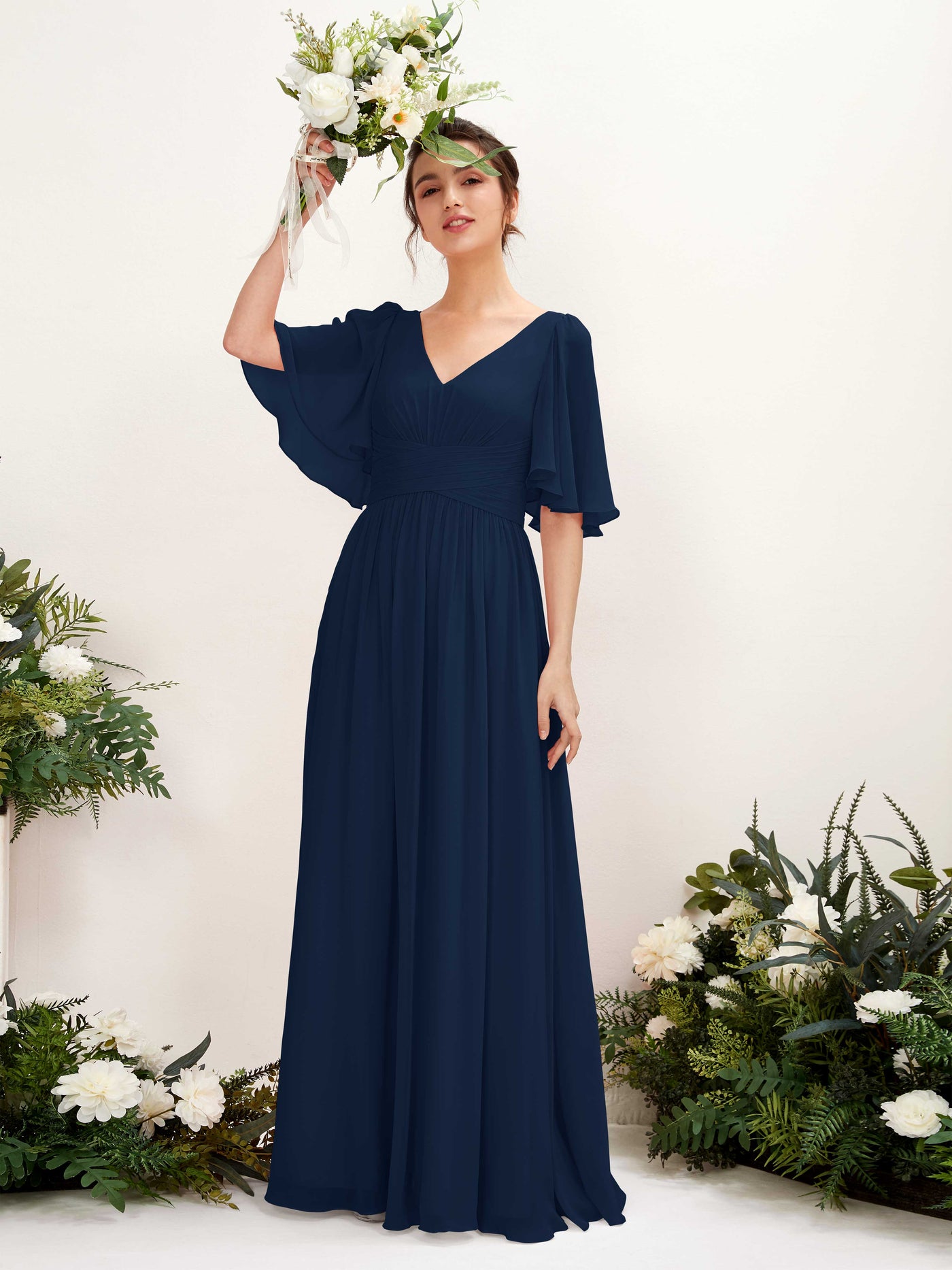 Carlyna Vestido Línea A escote en V manga corta hasta el suelo de gasa Azul Marino #color_azul-marino
