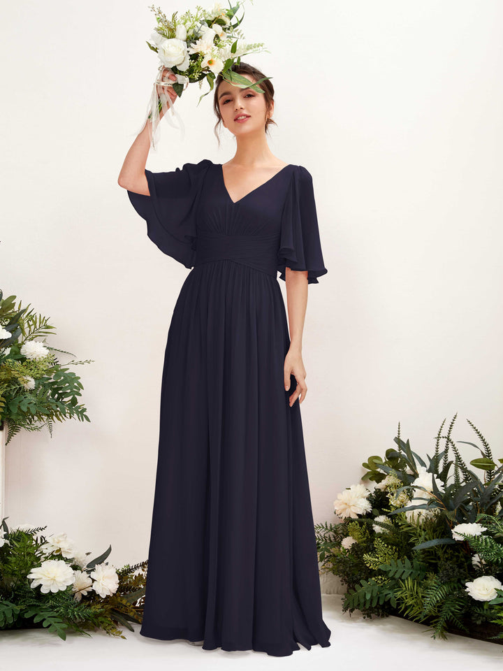Carlyna Vestido Línea A escote en V manga corta hasta el suelo de gasa Azul Marino Oscuro 