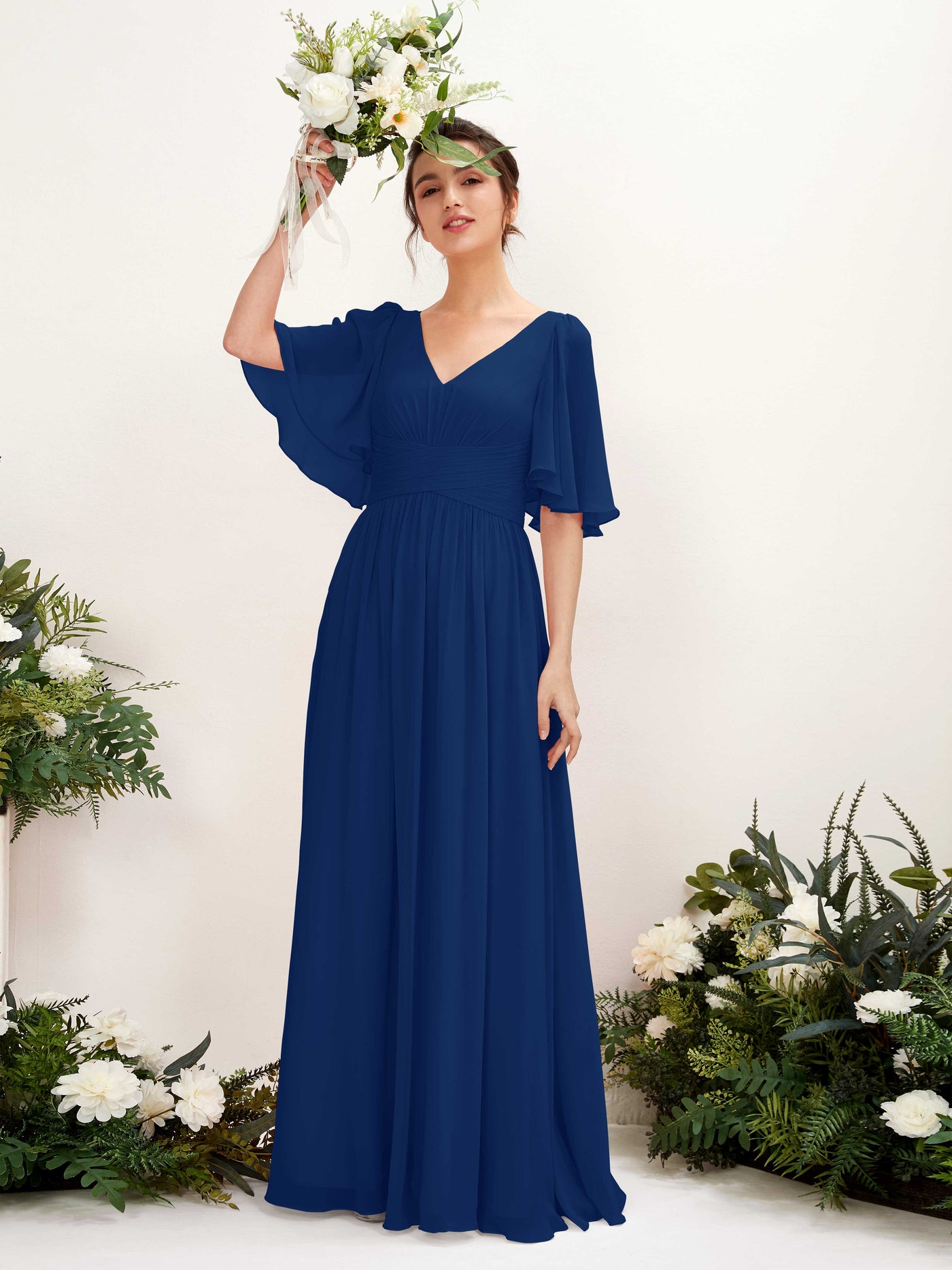 Carlyna Vestido Línea A escote en V manga corta hasta el suelo de gasa Azul Real #color_azul-real