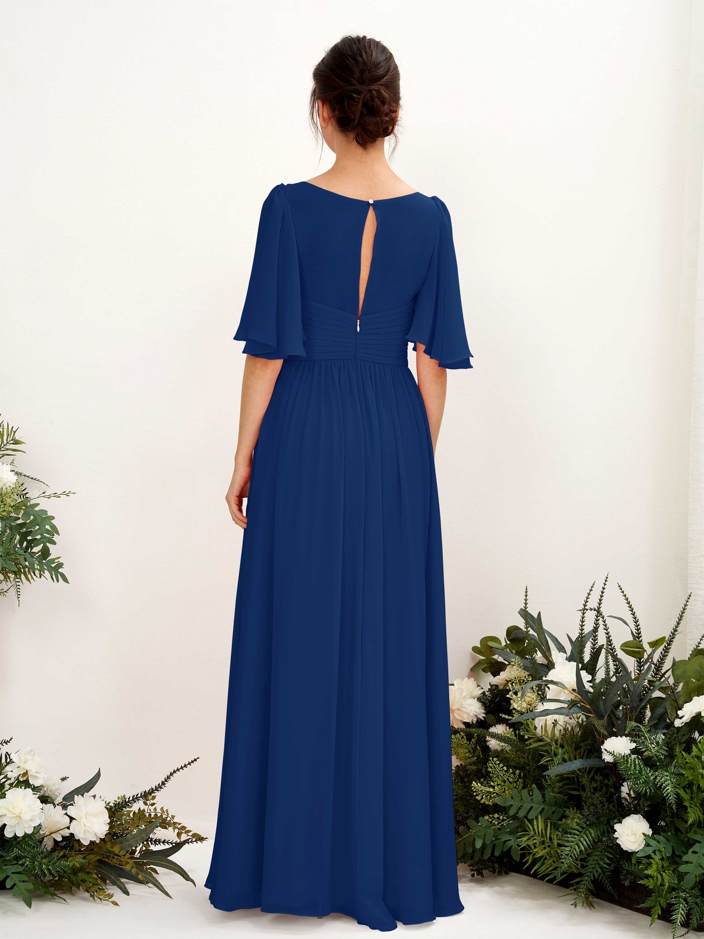Carlyna Vestido Línea A escote en V manga corta hasta el suelo de gasa Azul Real #color_azul-real