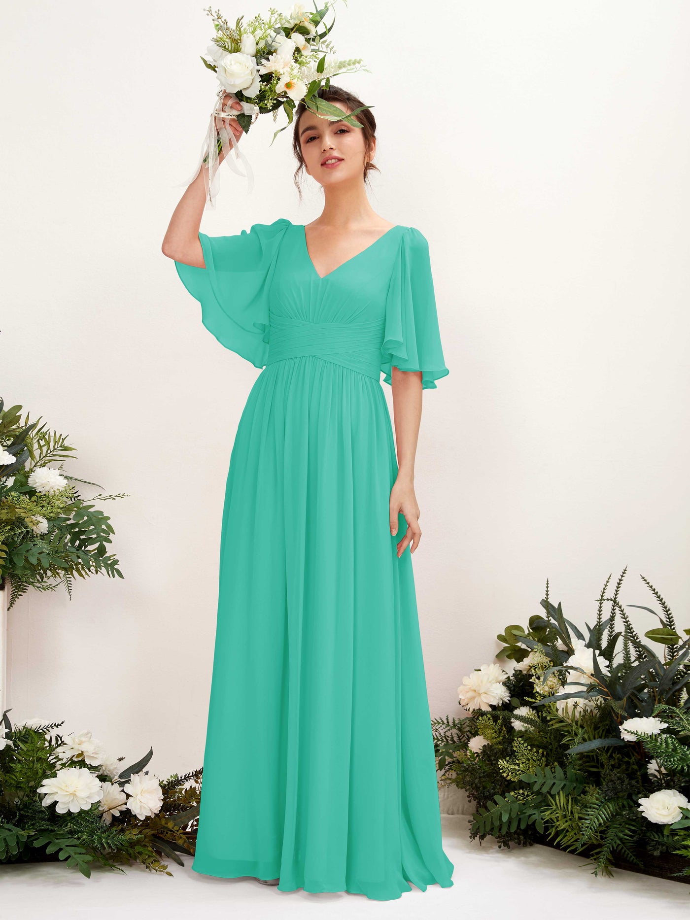 Carlyna Vestido Línea A escote en V manga corta hasta el suelo de gasa Azul Tiffany #color_azul-tiffany