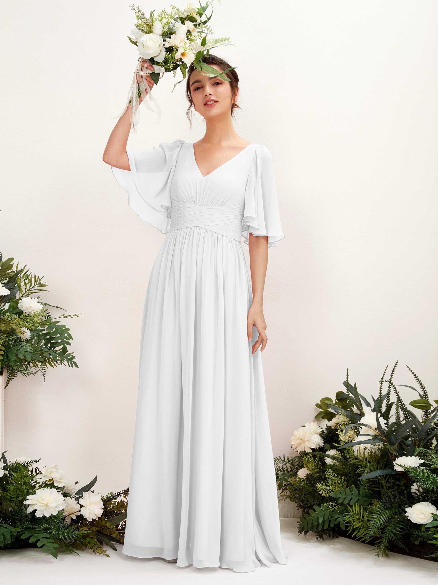 Carlyna Vestido Línea A escote en V manga corta hasta el suelo de gasa Blanco #color_blanco
