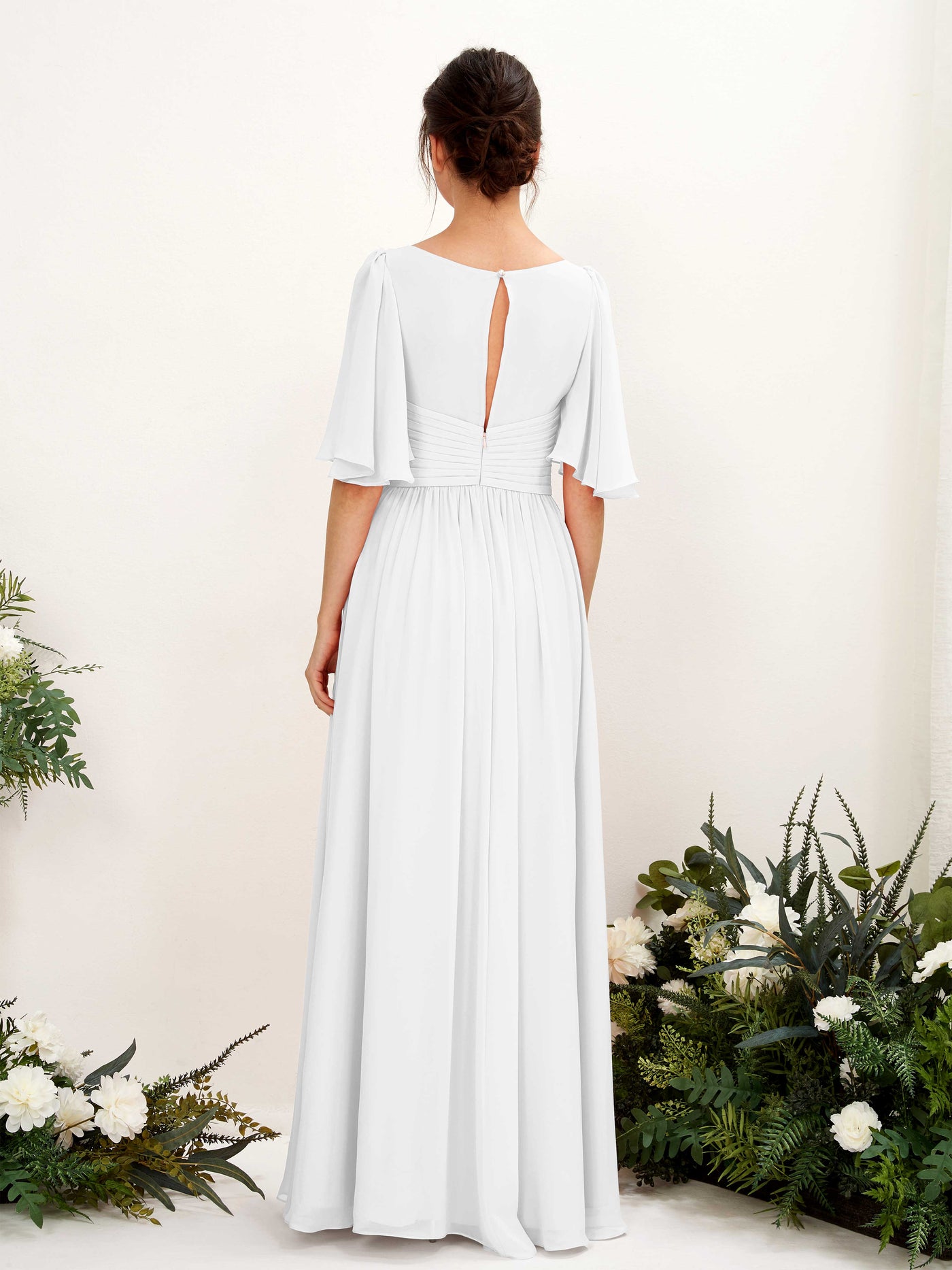 Carlyna Vestido Línea A escote en V manga corta hasta el suelo de gasa Blanco #color_blanco