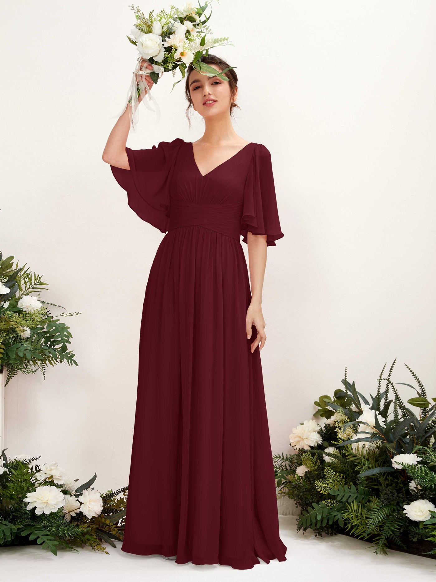 Carlyna Vestido Línea A escote en V manga corta hasta el suelo de gasa Borgoña #color_borgo-a