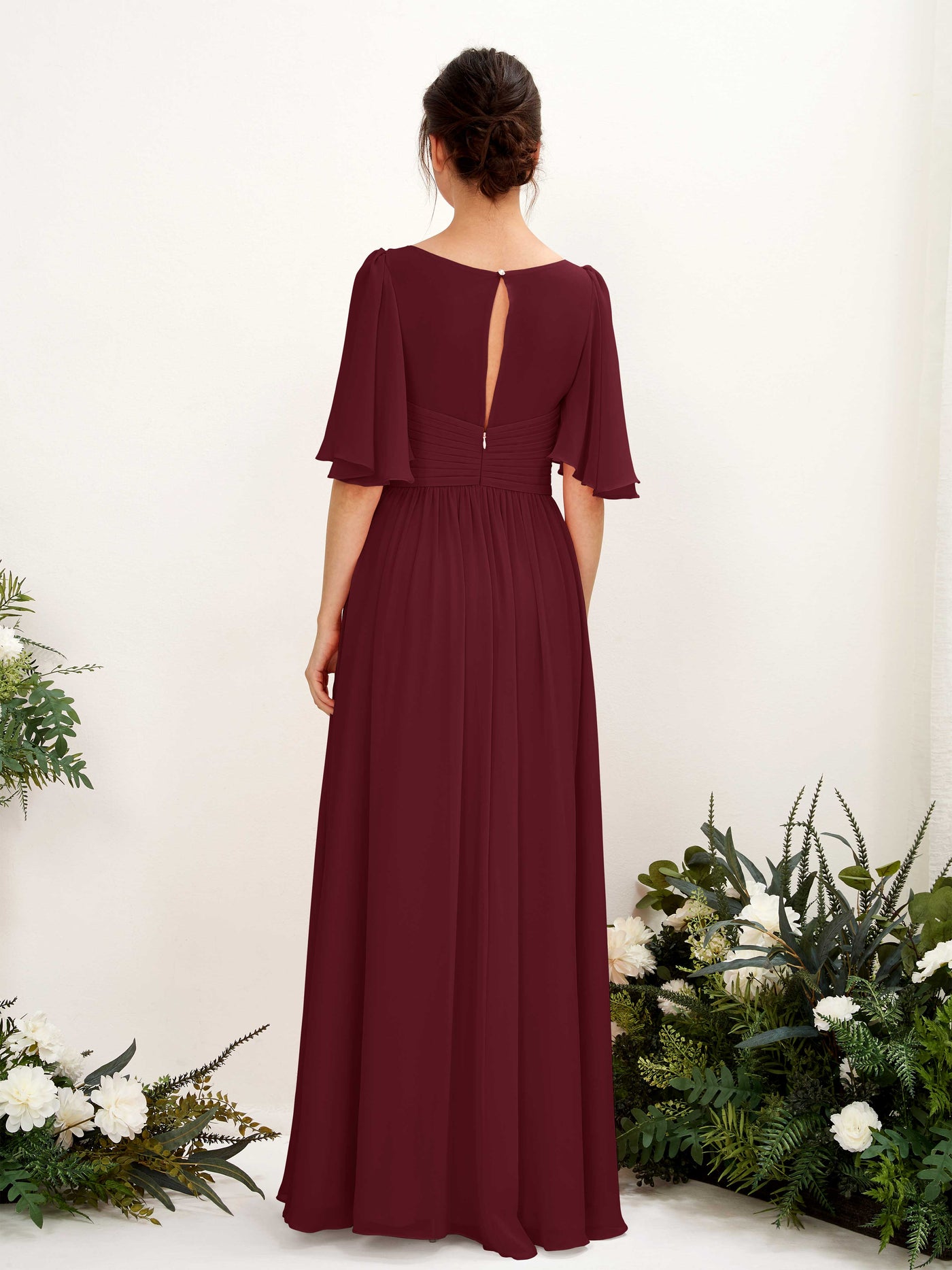 Carlyna Vestido Línea A escote en V manga corta hasta el suelo de gasa Borgoña #color_borgo-a