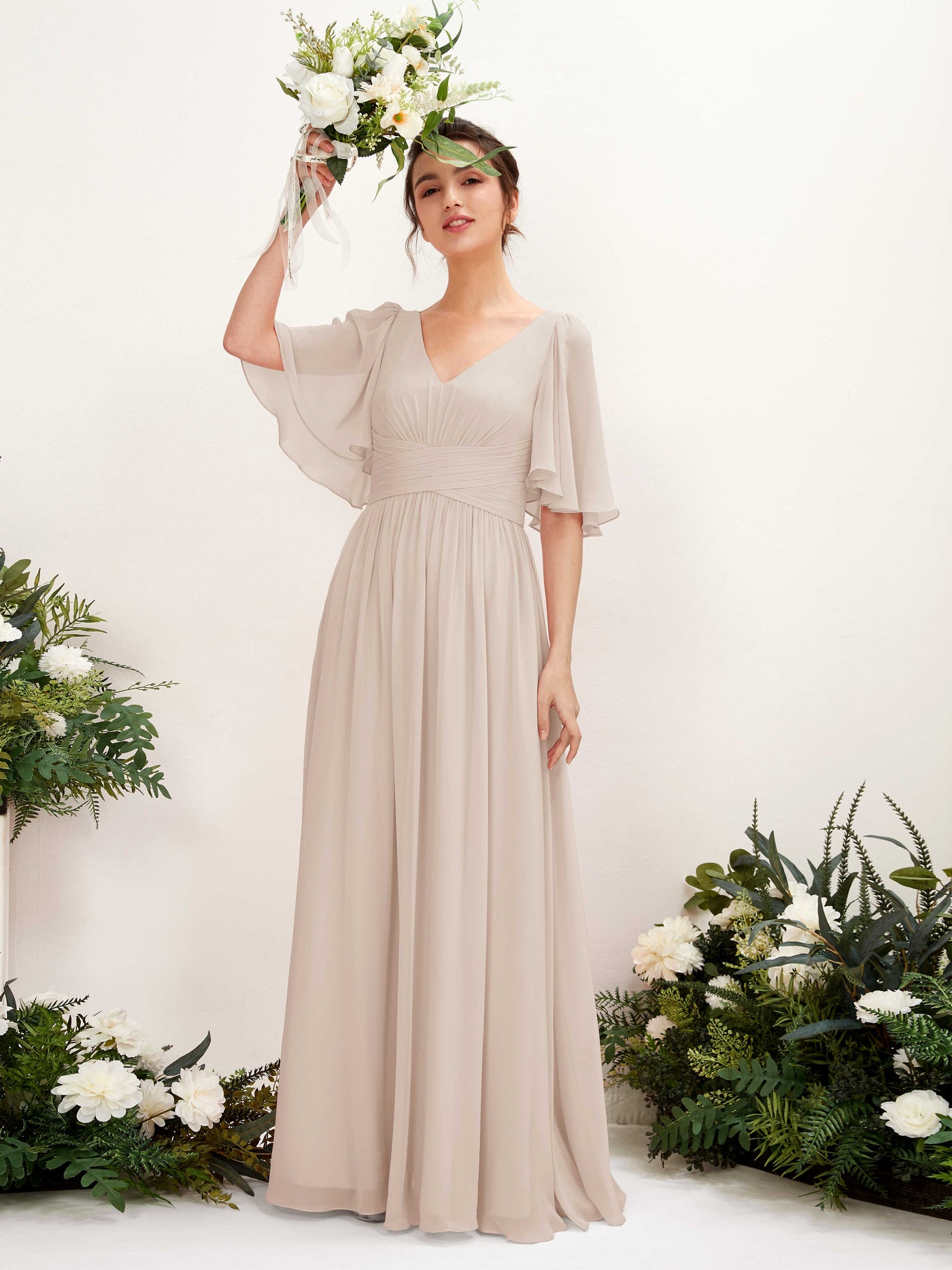 Carlyna Vestido Línea A escote en V manga corta hasta el suelo de gasa Champán #color_champ-n