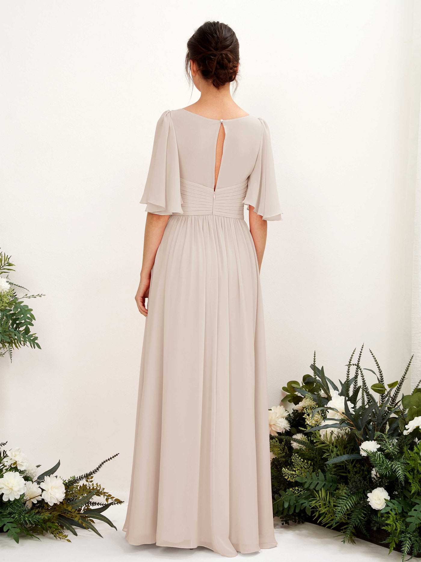 Carlyna Vestido Línea A escote en V manga corta hasta el suelo de gasa Champán #color_champ-n