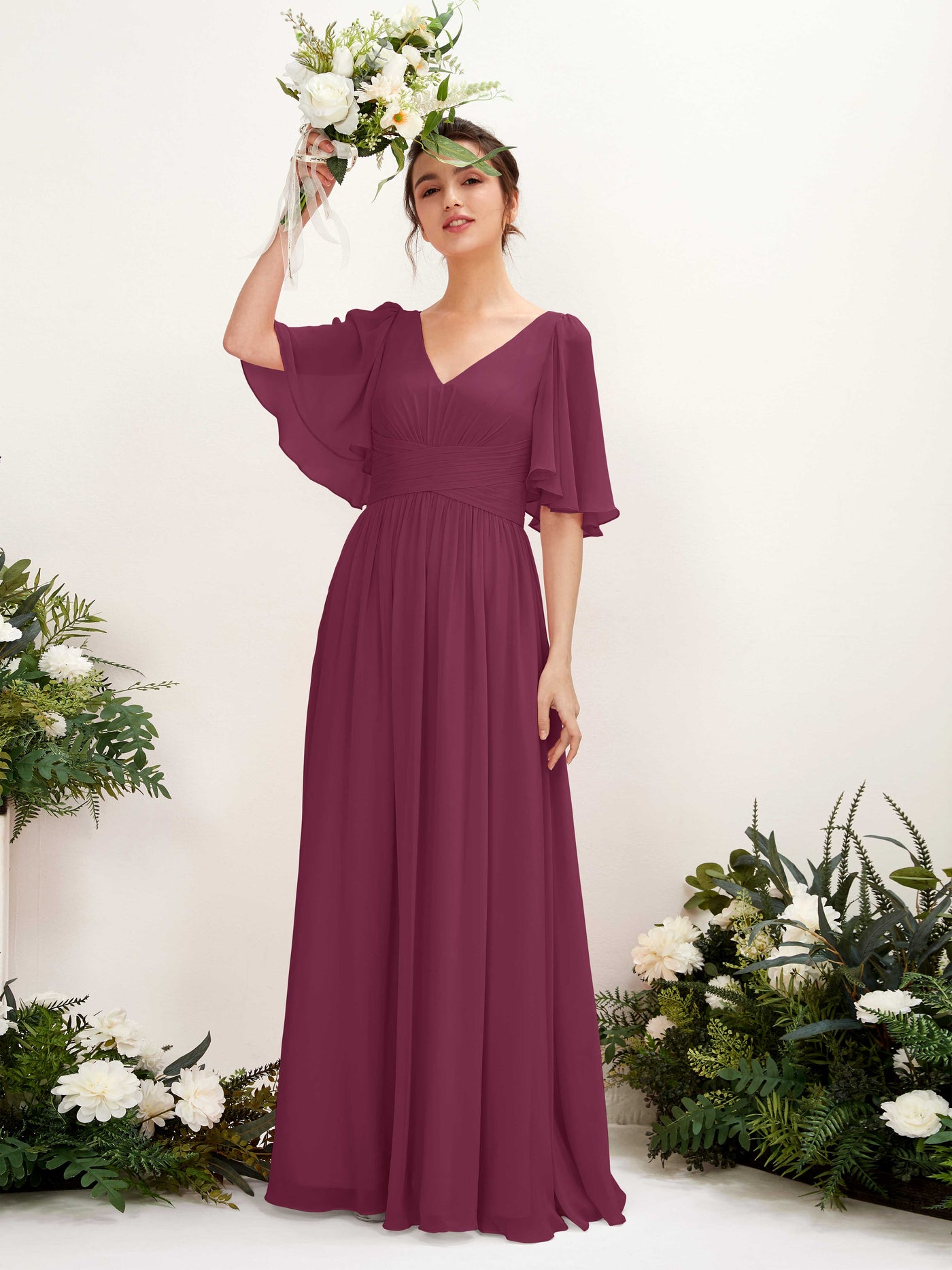 Carlyna Vestido Línea A escote en V manga corta hasta el suelo de gasa Chianti #color_chianti