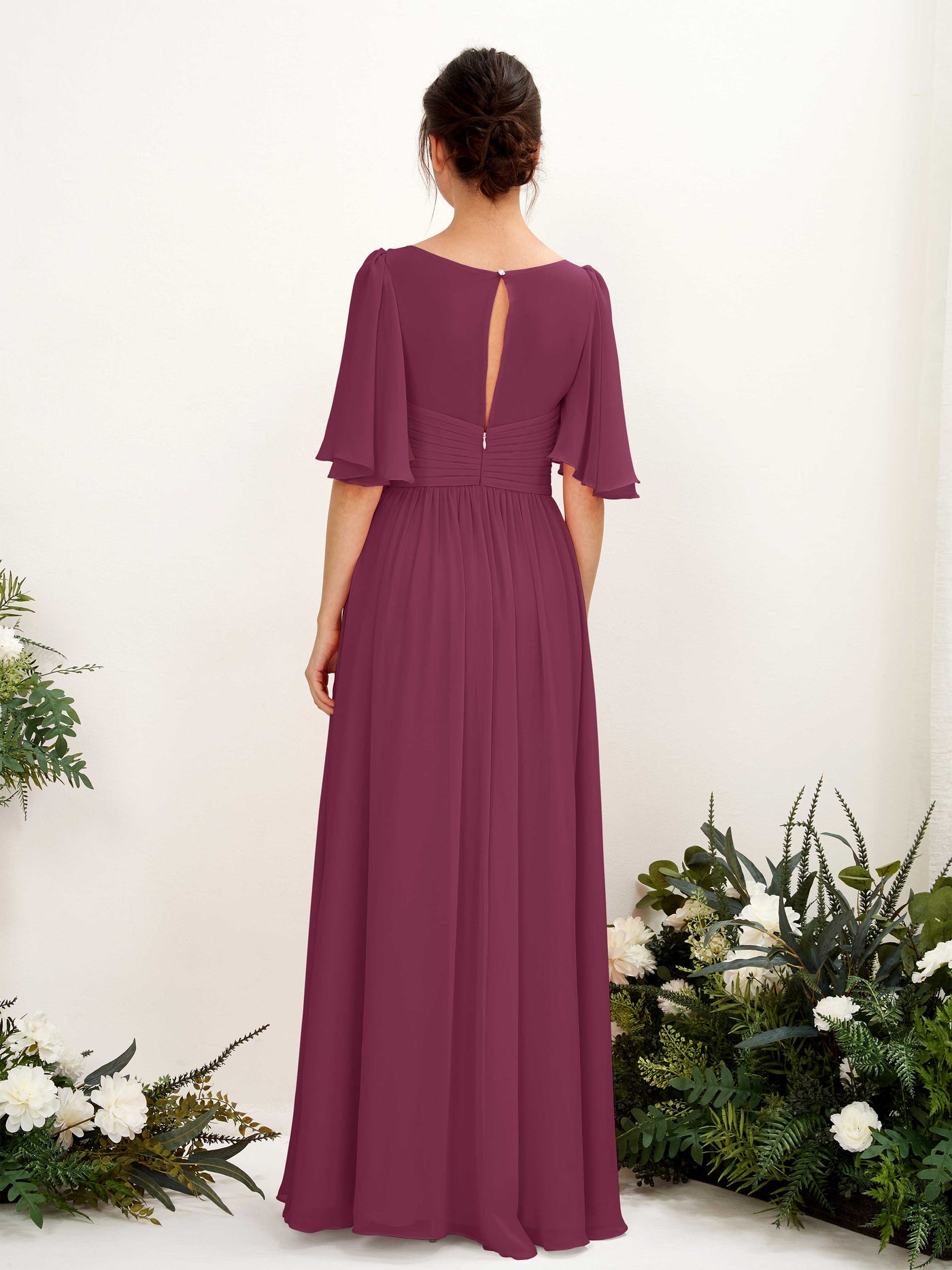 Carlyna Vestido Línea A escote en V manga corta hasta el suelo de gasa Chianti #color_chianti
