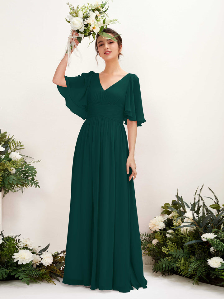 Carlyna Vestido Línea A escote en V manga corta hasta el suelo de gasa Esmeralda Oscuro 