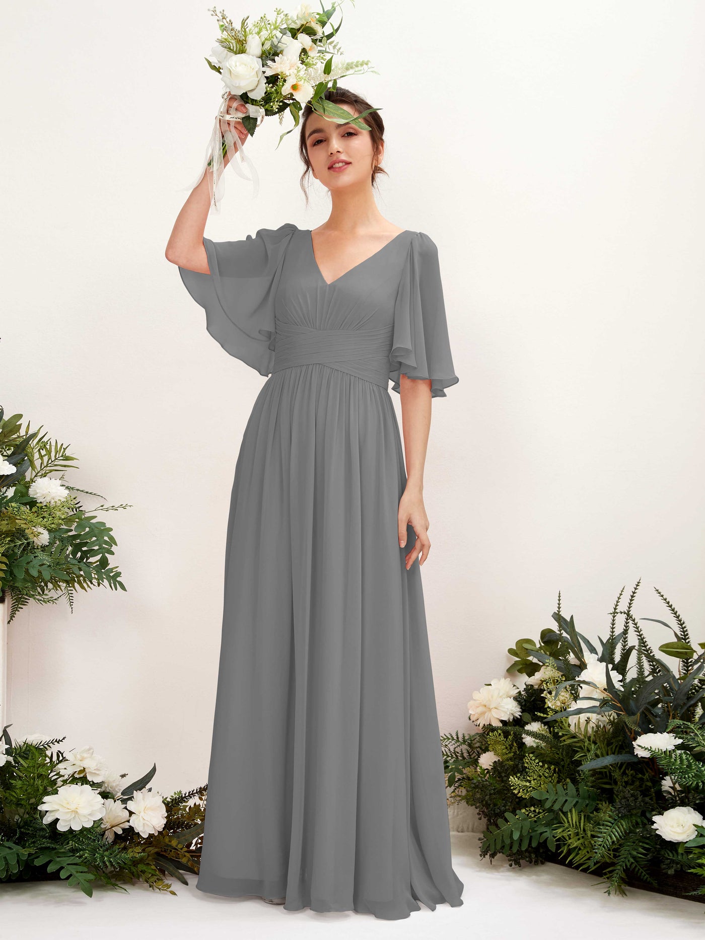 Carlyna Vestido Línea A escote en V manga corta hasta el suelo de gasa Gris Acero #color_gris-acero