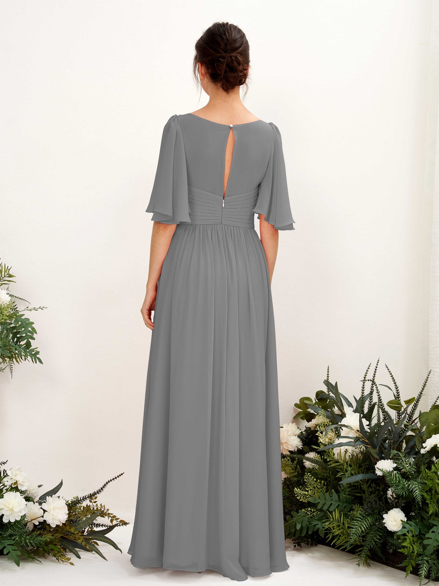Carlyna Vestido Línea A escote en V manga corta hasta el suelo de gasa Gris Acero #color_gris-acero