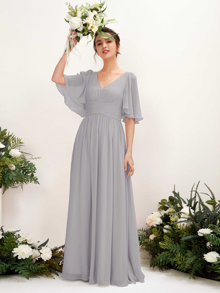 Carlyna Vestido Línea A escote en V manga corta hasta el suelo de gasa Gris Paloma 