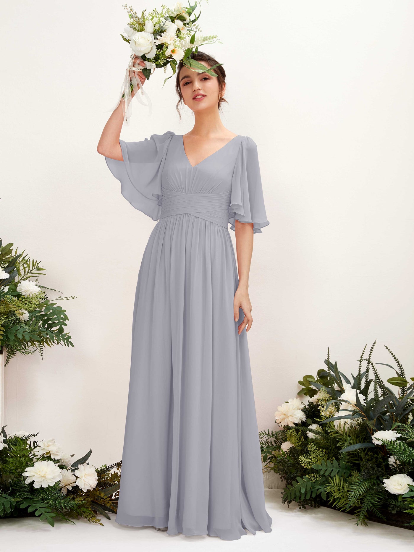 Carlyna Vestido Línea A escote en V manga corta hasta el suelo de gasa Lavanda Viejo #color_lavanda-viejo