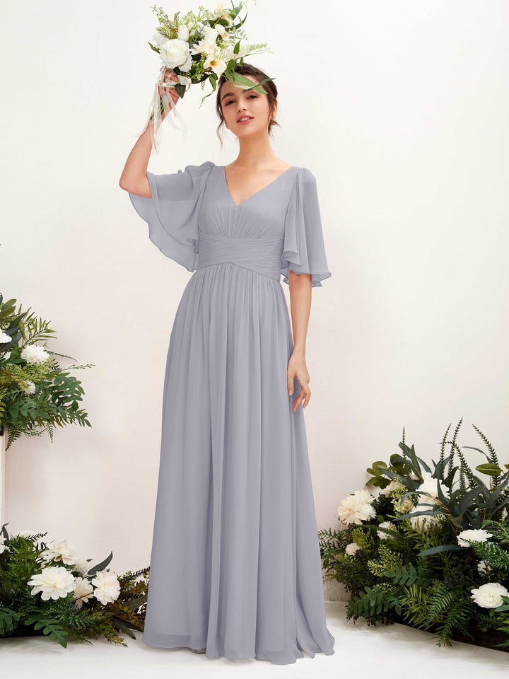 Carlyna Vestido Línea A escote en V manga corta hasta el suelo de gasa Lavanda Viejo 