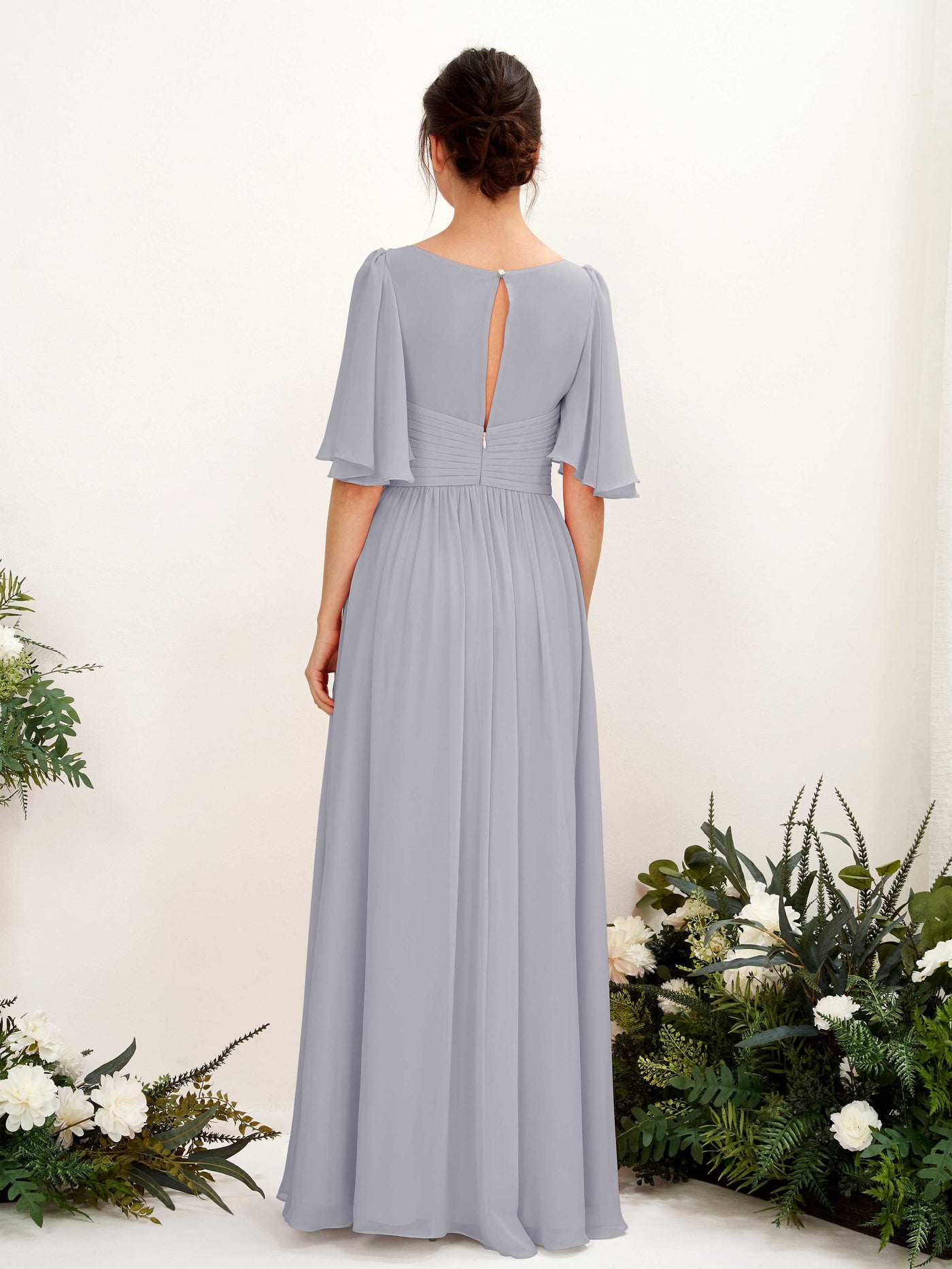 Carlyna Vestido Línea A escote en V manga corta hasta el suelo de gasa Lavanda Viejo #color_lavanda-viejo