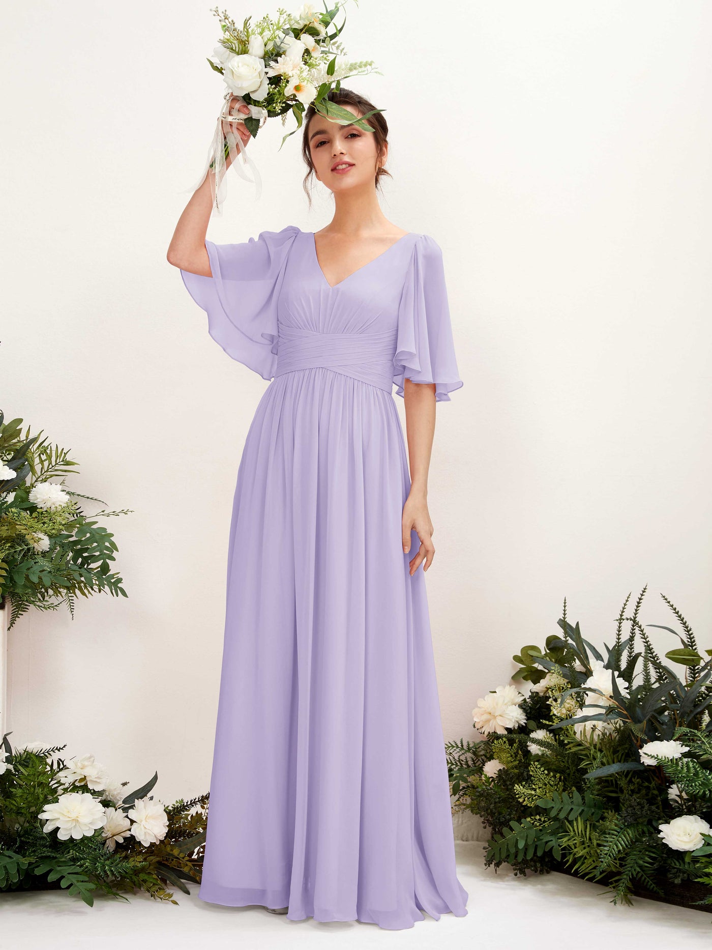 Carlyna Vestido Línea A escote en V manga corta hasta el suelo de gasa Lila #color_lila