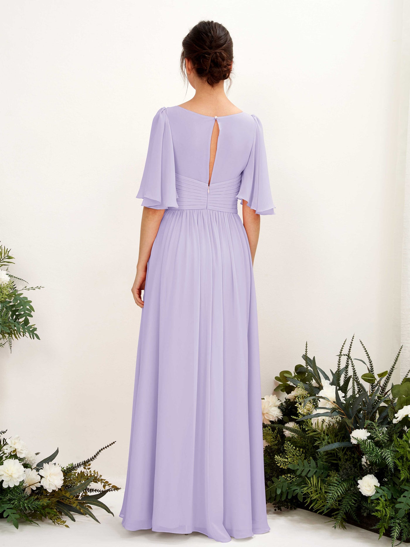 Carlyna Vestido Línea A escote en V manga corta hasta el suelo de gasa Lila #color_lila