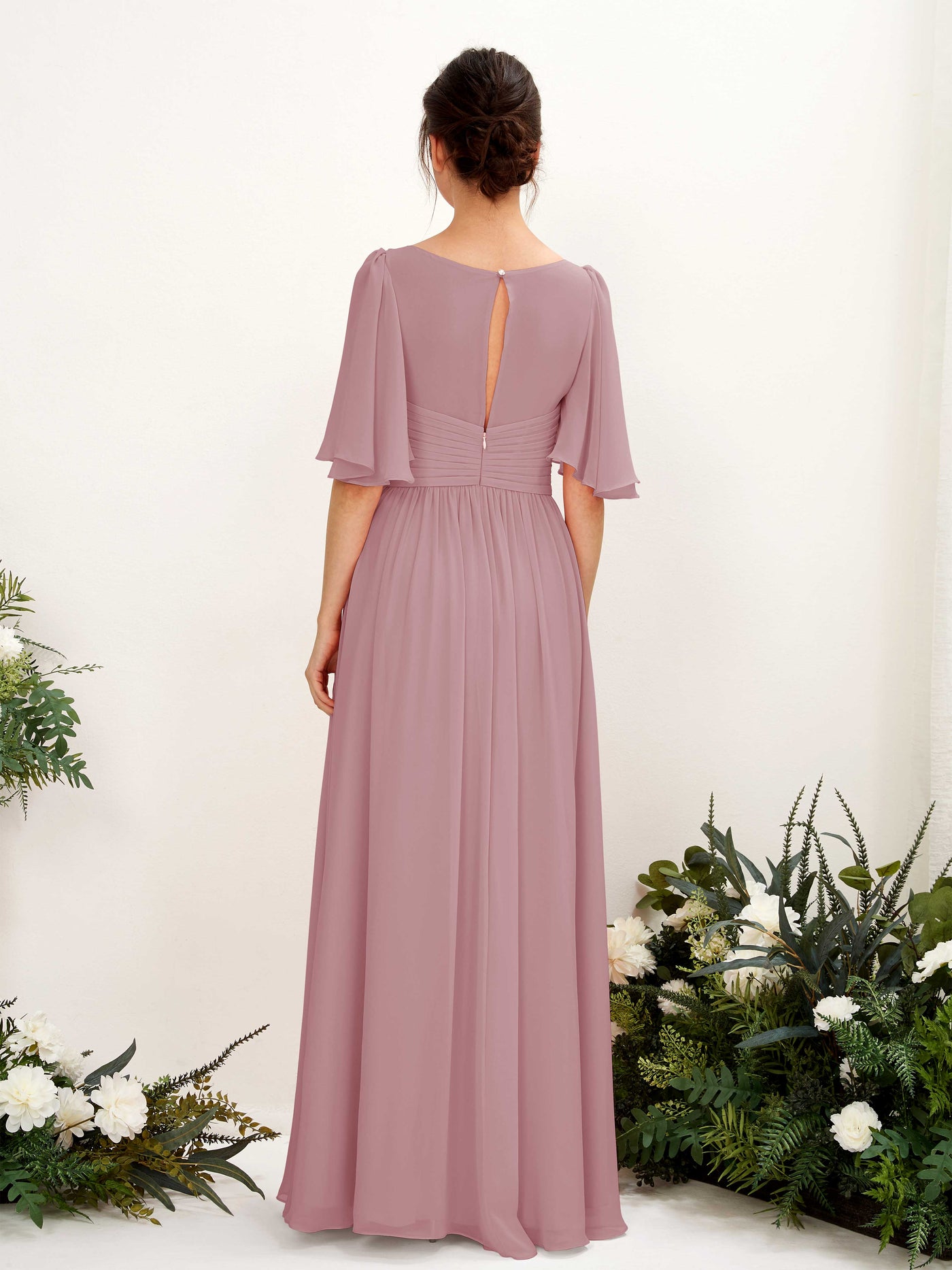 Carlyna Vestido Línea A escote en V manga corta hasta el suelo de gasa Malva Clásico #color_malva-cl-sico