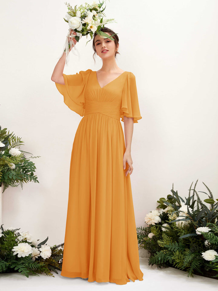 Carlyna Vestido Línea A escote en V manga corta hasta el suelo de gasa Mango 