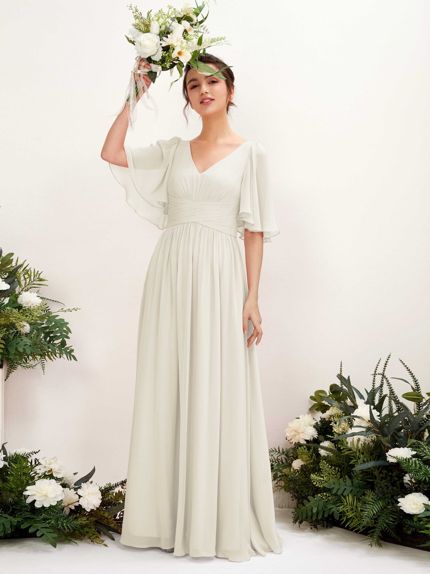 Carlyna Vestido Línea A escote en V manga corta hasta el suelo de gasa Marfil #color_marfil