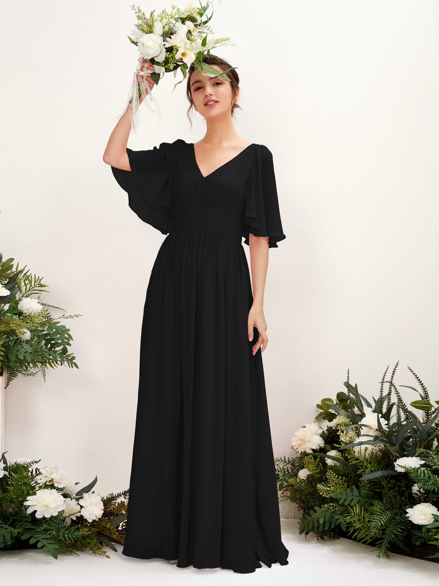 Carlyna Vestido Línea A escote en V manga corta hasta el suelo de gasa Negro #color_negro