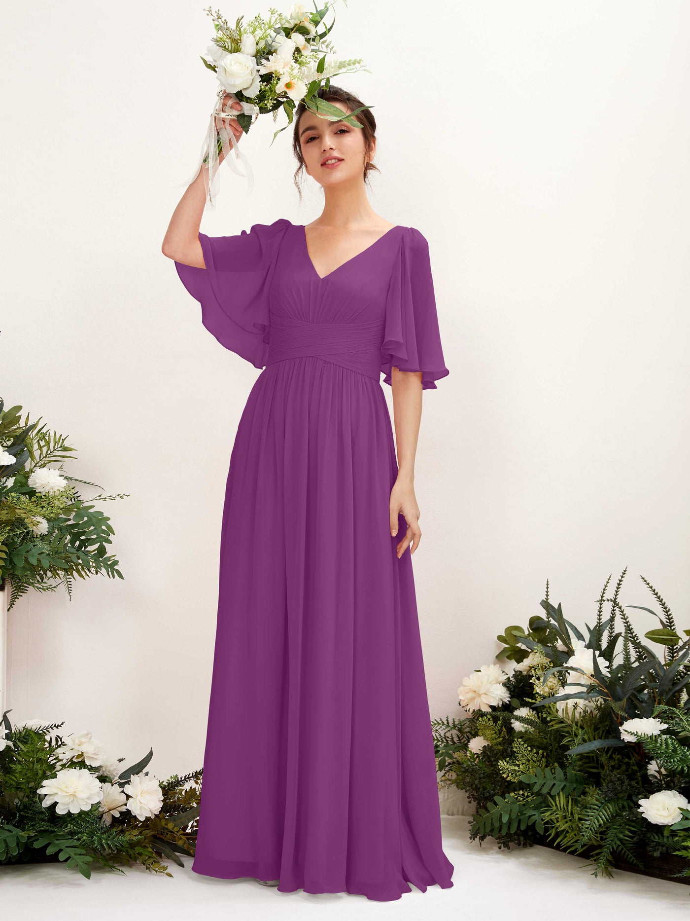 Carlyna Vestido Línea A escote en V manga corta hasta el suelo de gasa Púrpura #color_p-rpura