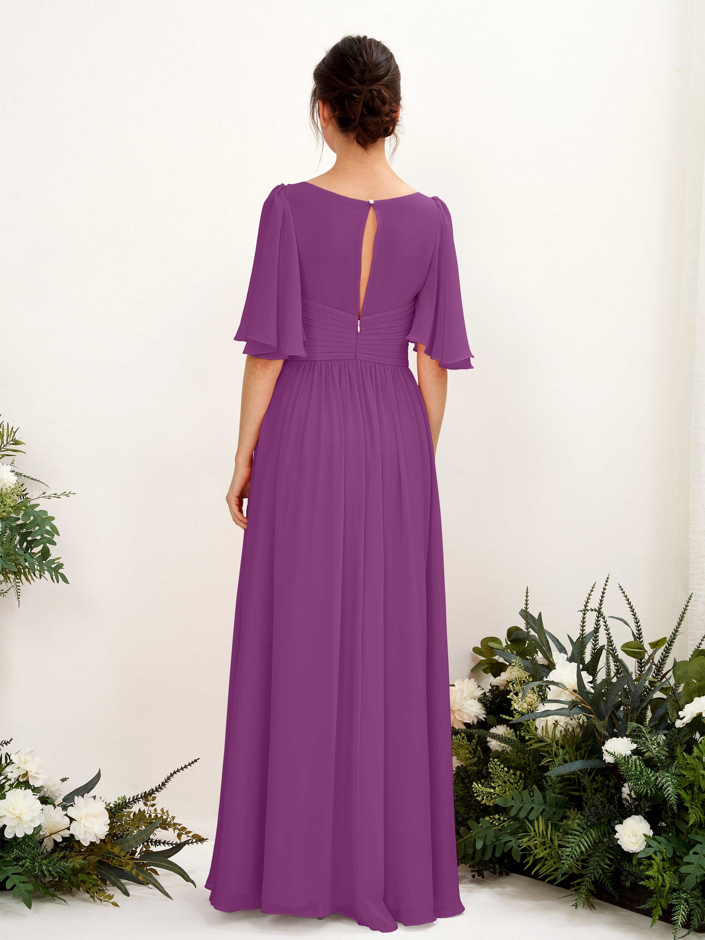 Carlyna Vestido Línea A escote en V manga corta hasta el suelo de gasa Púrpura #color_p-rpura