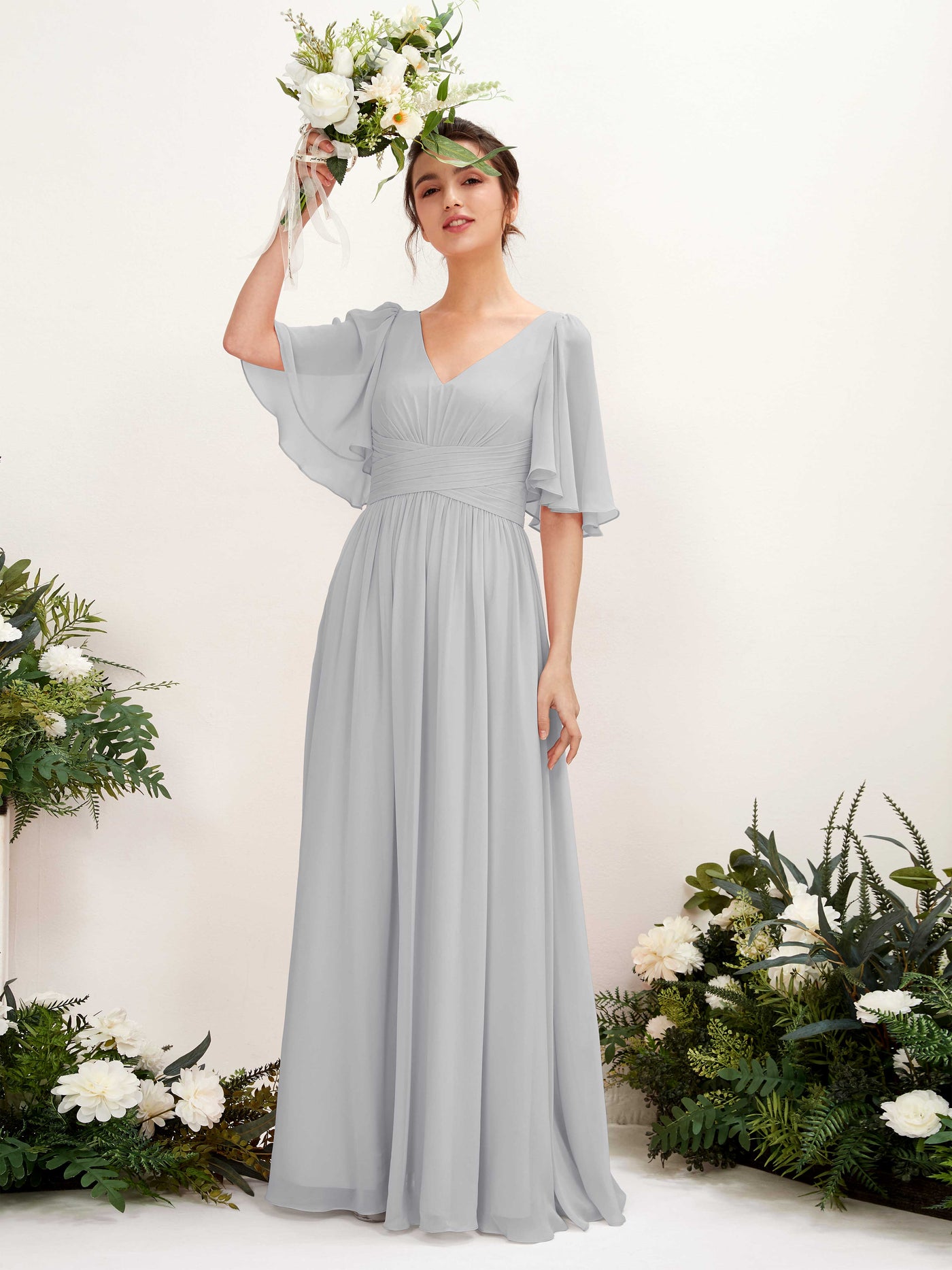 Carlyna Vestido Línea A escote en V manga corta hasta el suelo de gasa Plata #color_plata