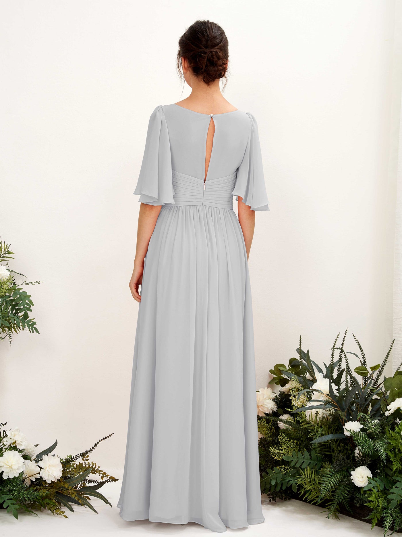 Carlyna Vestido Línea A escote en V manga corta hasta el suelo de gasa Plata #color_plata