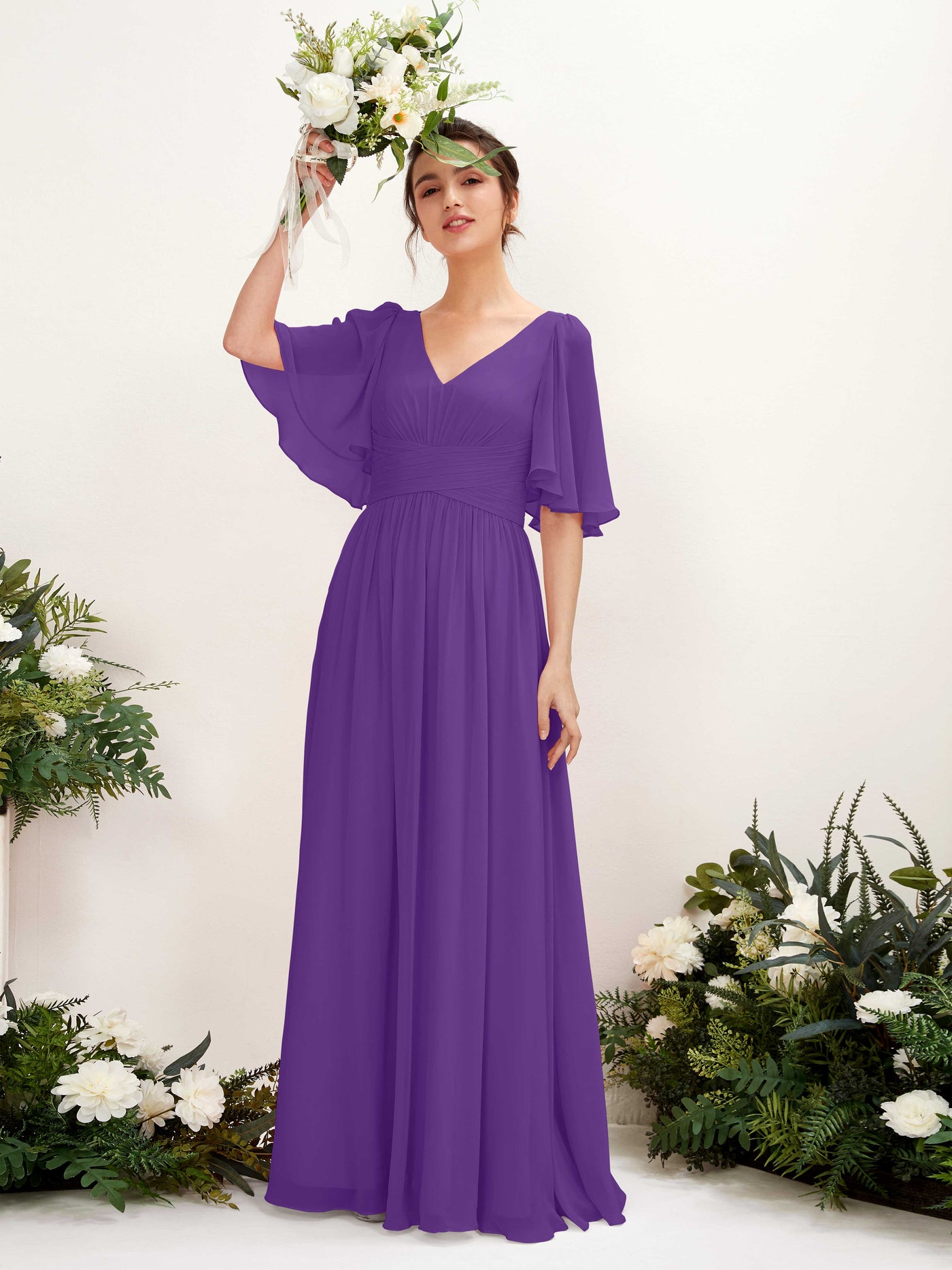 Carlyna Vestido Línea A escote en V manga corta hasta el suelo de gasa Regencia #color_regencia
