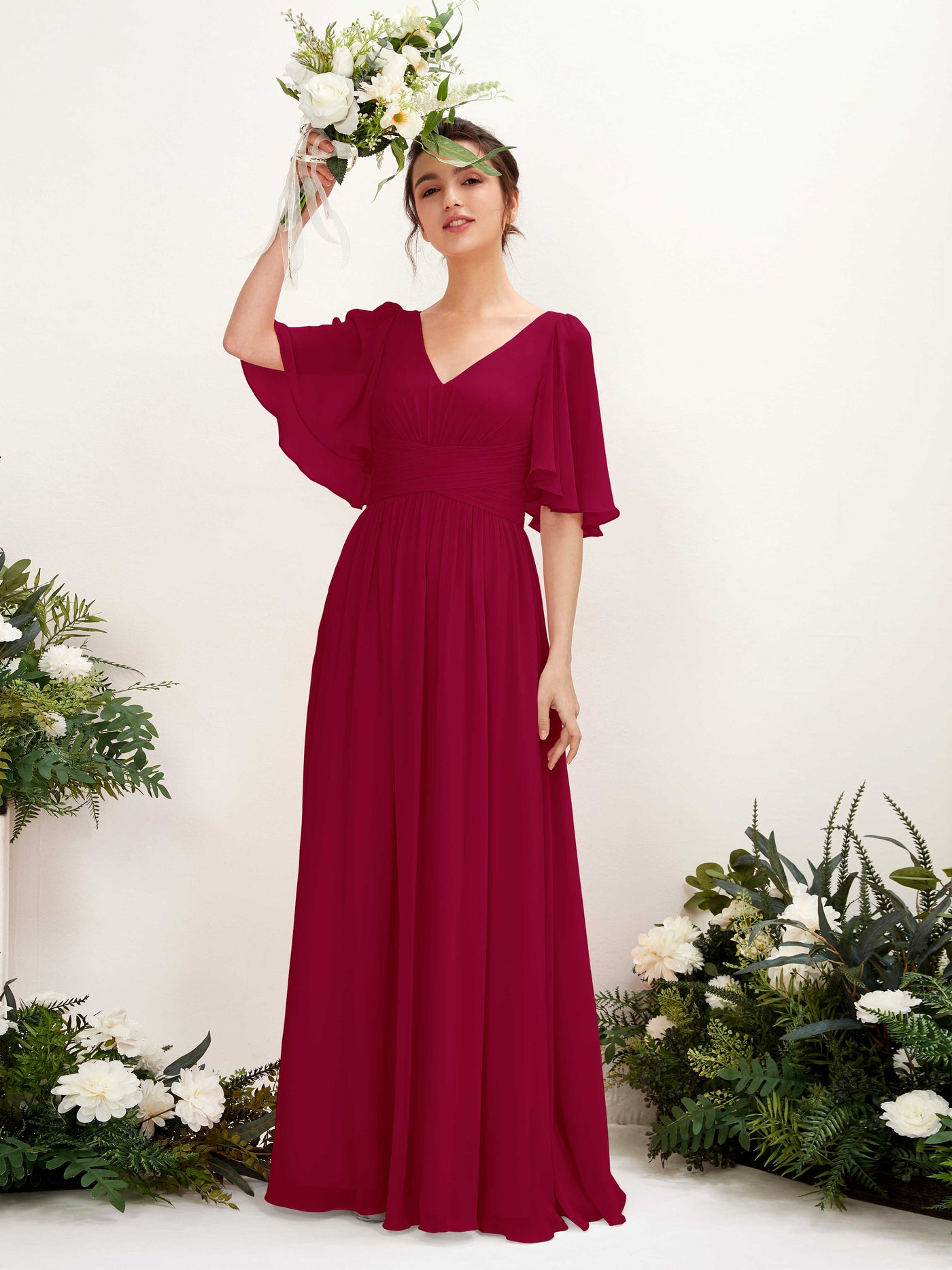 Carlyna Vestido Línea A escote en V manga corta hasta el suelo de gasa Rojo Bufón #color_rojo-buf-n