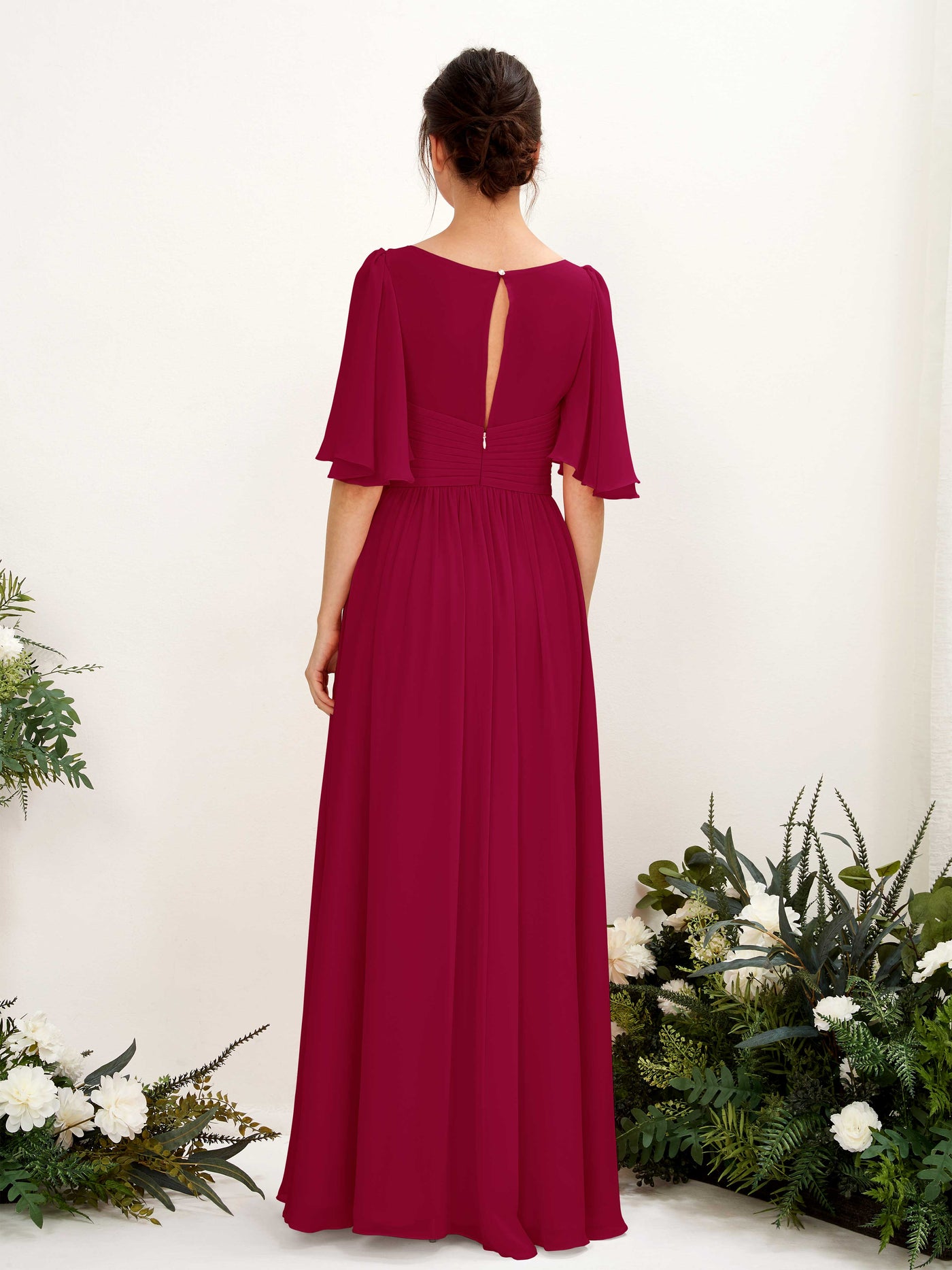 Carlyna Vestido Línea A escote en V manga corta hasta el suelo de gasa Rojo Bufón #color_rojo-buf-n