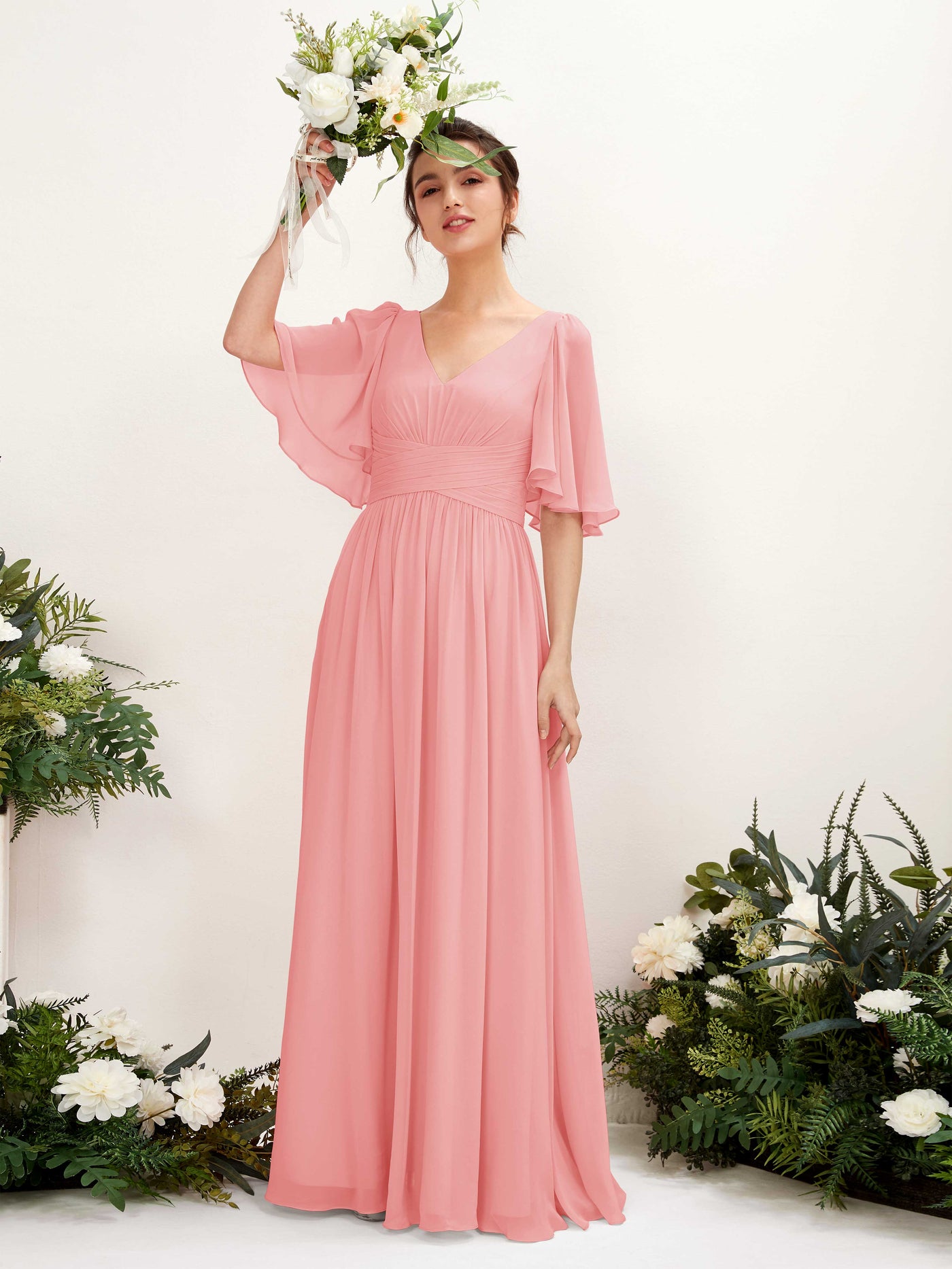 Carlyna Vestido Línea A escote en V manga corta hasta el suelo de gasa Rosa Ballet #color_rosa-ballet
