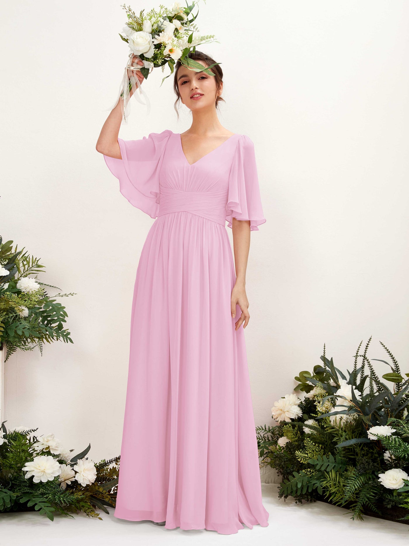 Carlyna Vestido Línea A escote en V manga corta hasta el suelo de gasa Rosa Caramelo #color_rosa-caramelo