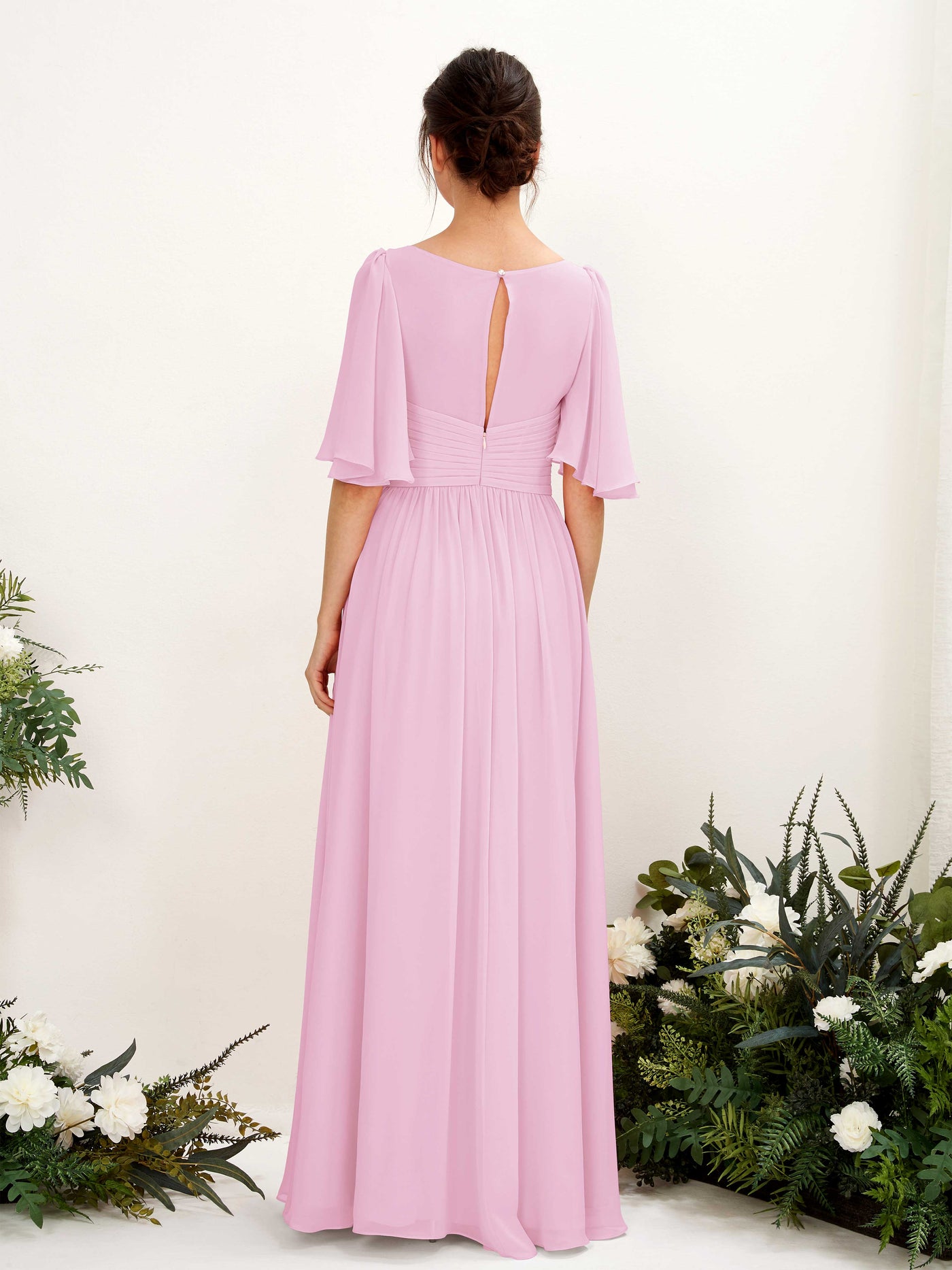 Carlyna Vestido Línea A escote en V manga corta hasta el suelo de gasa Rosa Caramelo #color_rosa-caramelo