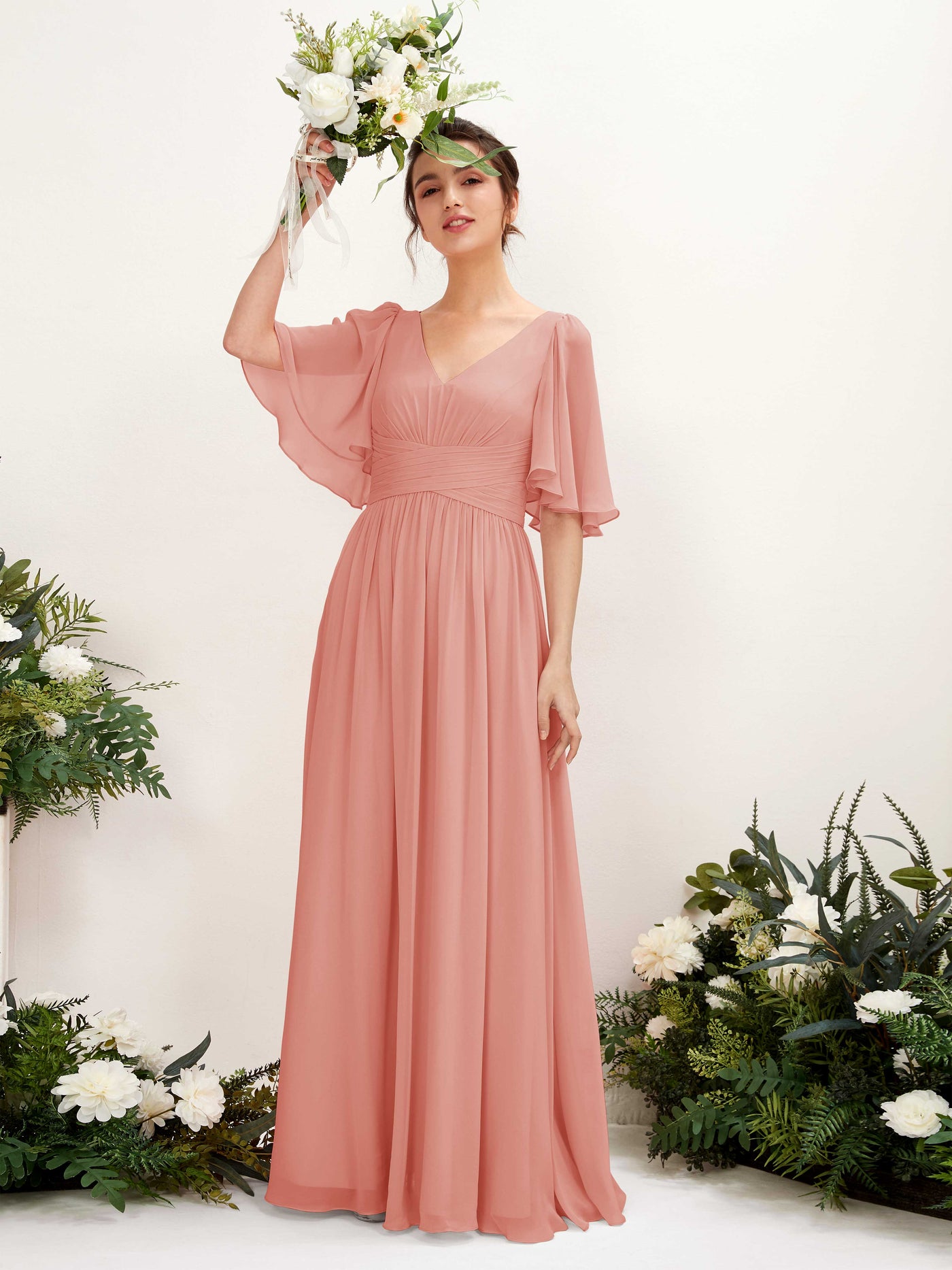 Carlyna Vestido Línea A escote en V manga corta hasta el suelo de gasa Rosa Champán #color_rosa-champ-n