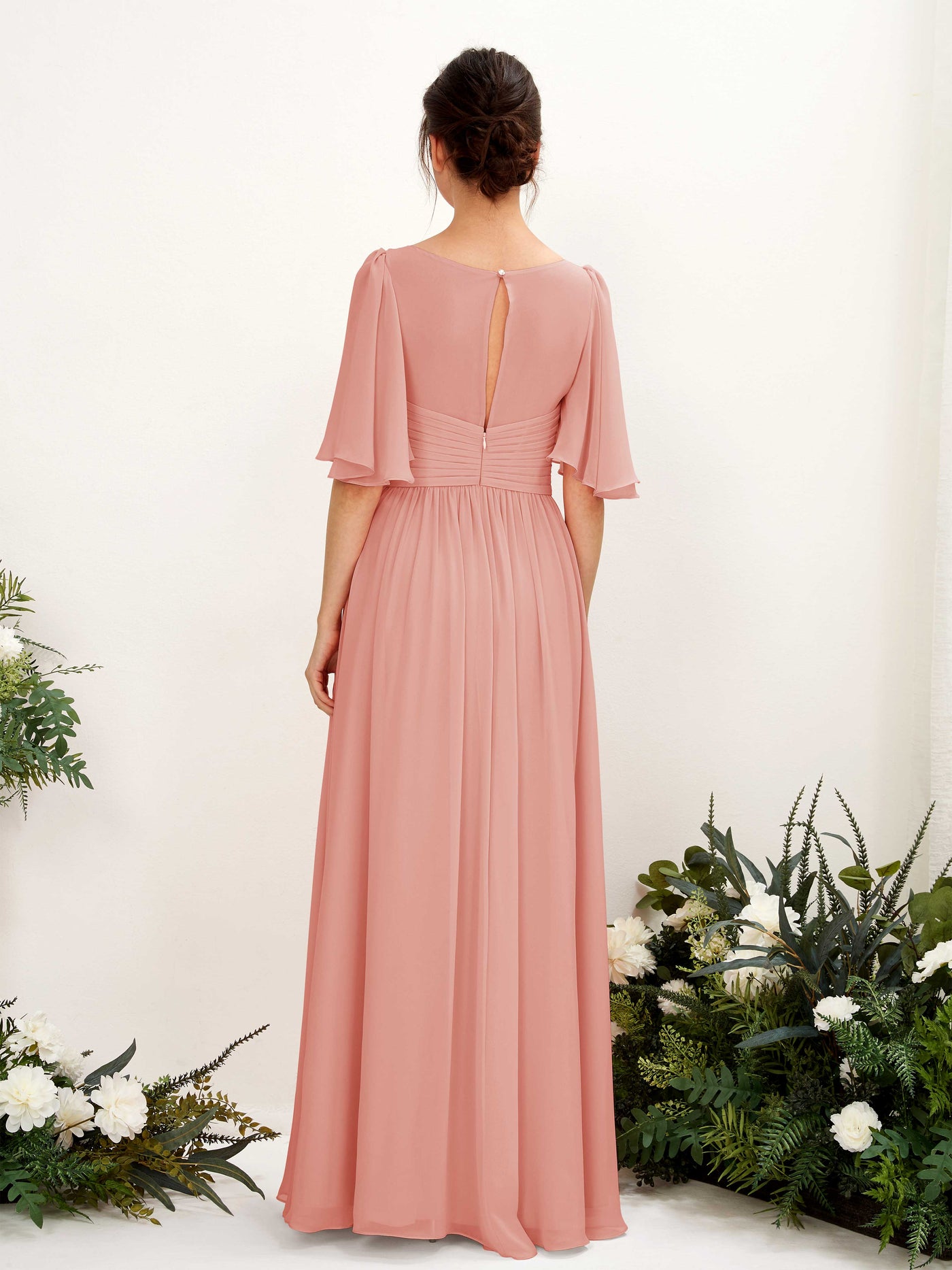 Carlyna Vestido Línea A escote en V manga corta hasta el suelo de gasa Rosa Champán #color_rosa-champ-n
