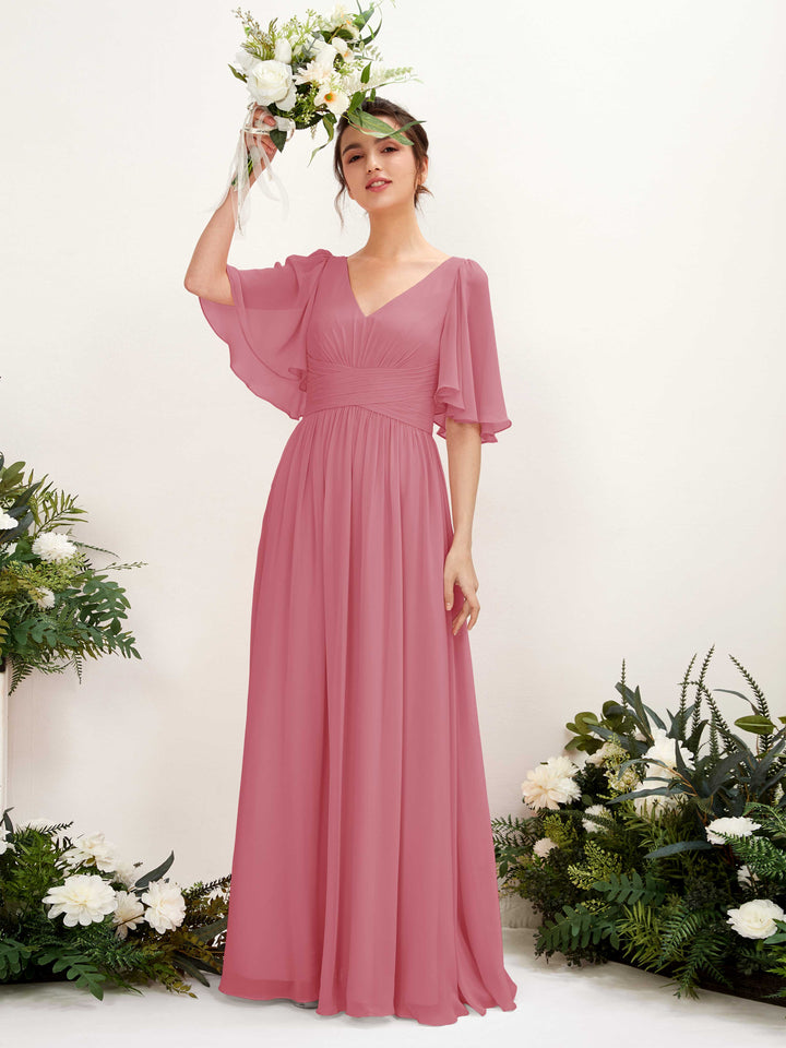 Carlyna Vestido Línea A escote en V manga corta hasta el suelo de gasa Rosa Del Desierto 
