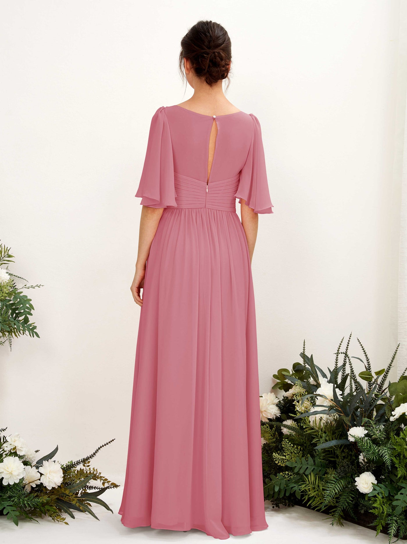 Carlyna Vestido Línea A escote en V manga corta hasta el suelo de gasa Rosa Del Desierto #color_rosa-del-desierto