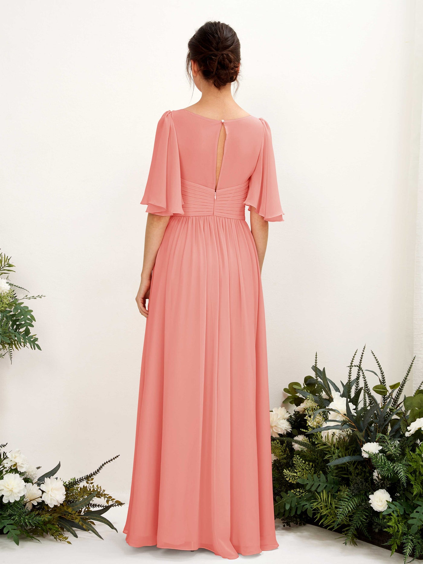 Carlyna Vestido Línea A escote en V manga corta hasta el suelo de gasa Rosa Melocotón #color_rosa-melocot-n