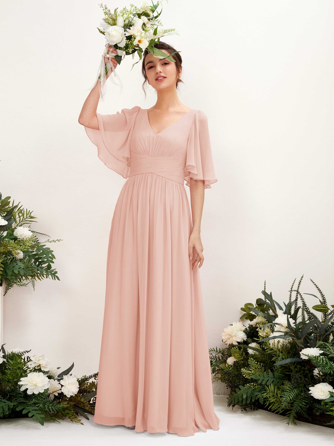 Carlyna Vestido Línea A escote en V manga corta hasta el suelo de gasa Rosa Perla #color_rosa-perla