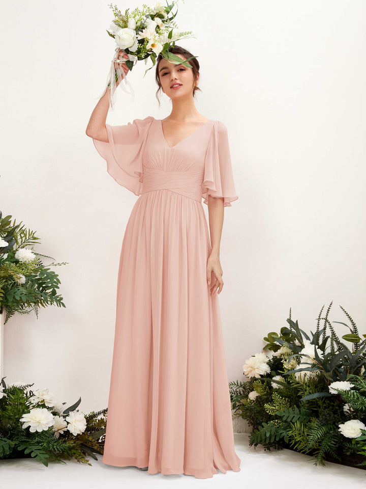 Carlyna Vestido Línea A escote en V manga corta hasta el suelo de gasa Rosa Perla 