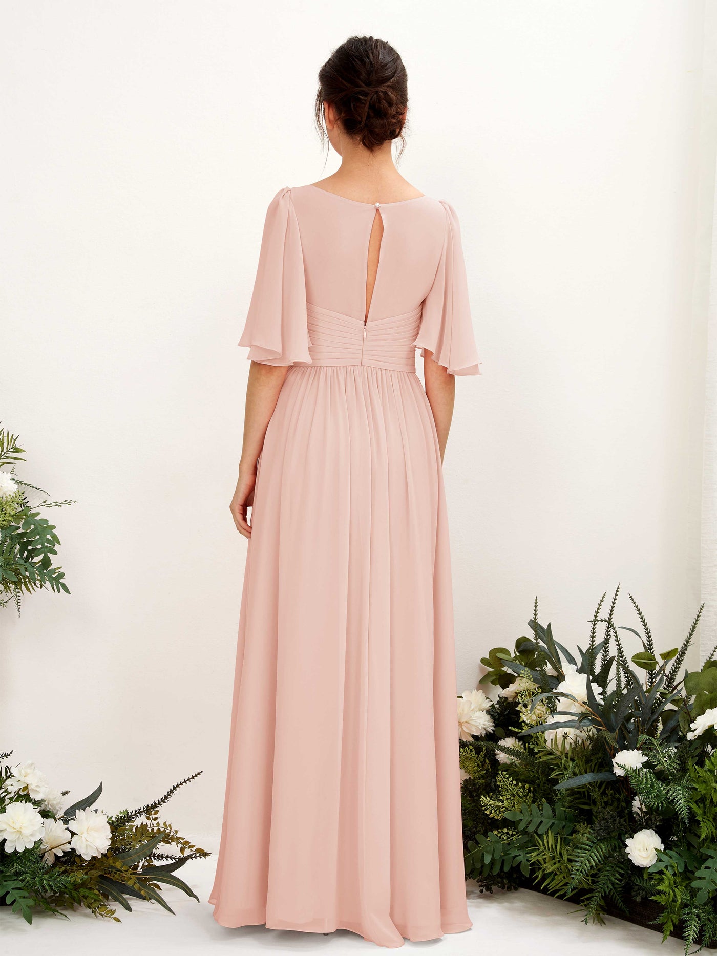 Carlyna Vestido Línea A escote en V manga corta hasta el suelo de gasa Rosa Perla #color_rosa-perla