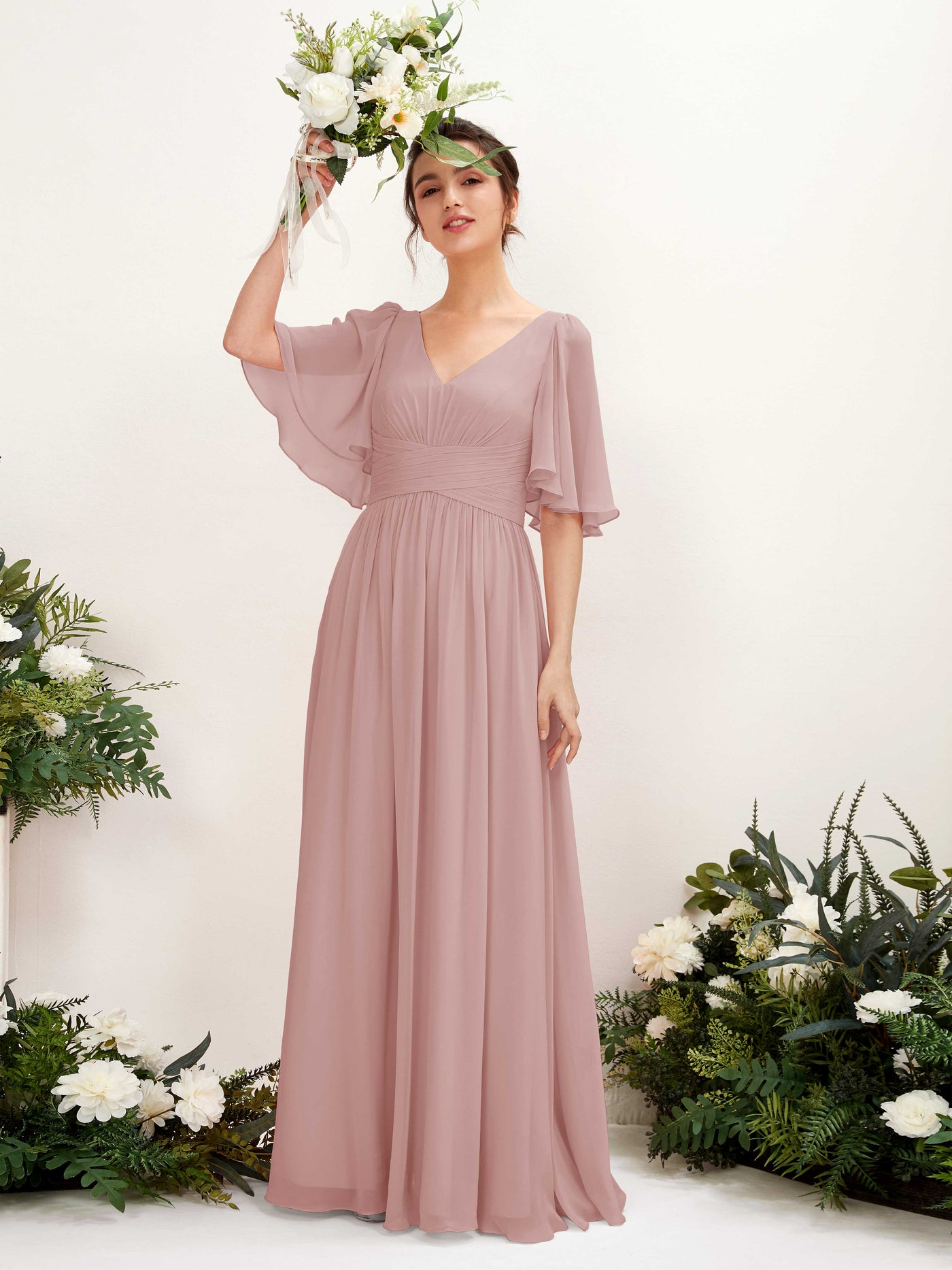 Carlyna Vestido Línea A escote en V manga corta hasta el suelo de gasa Rosa Polvorienta #color_rosa-polvorienta