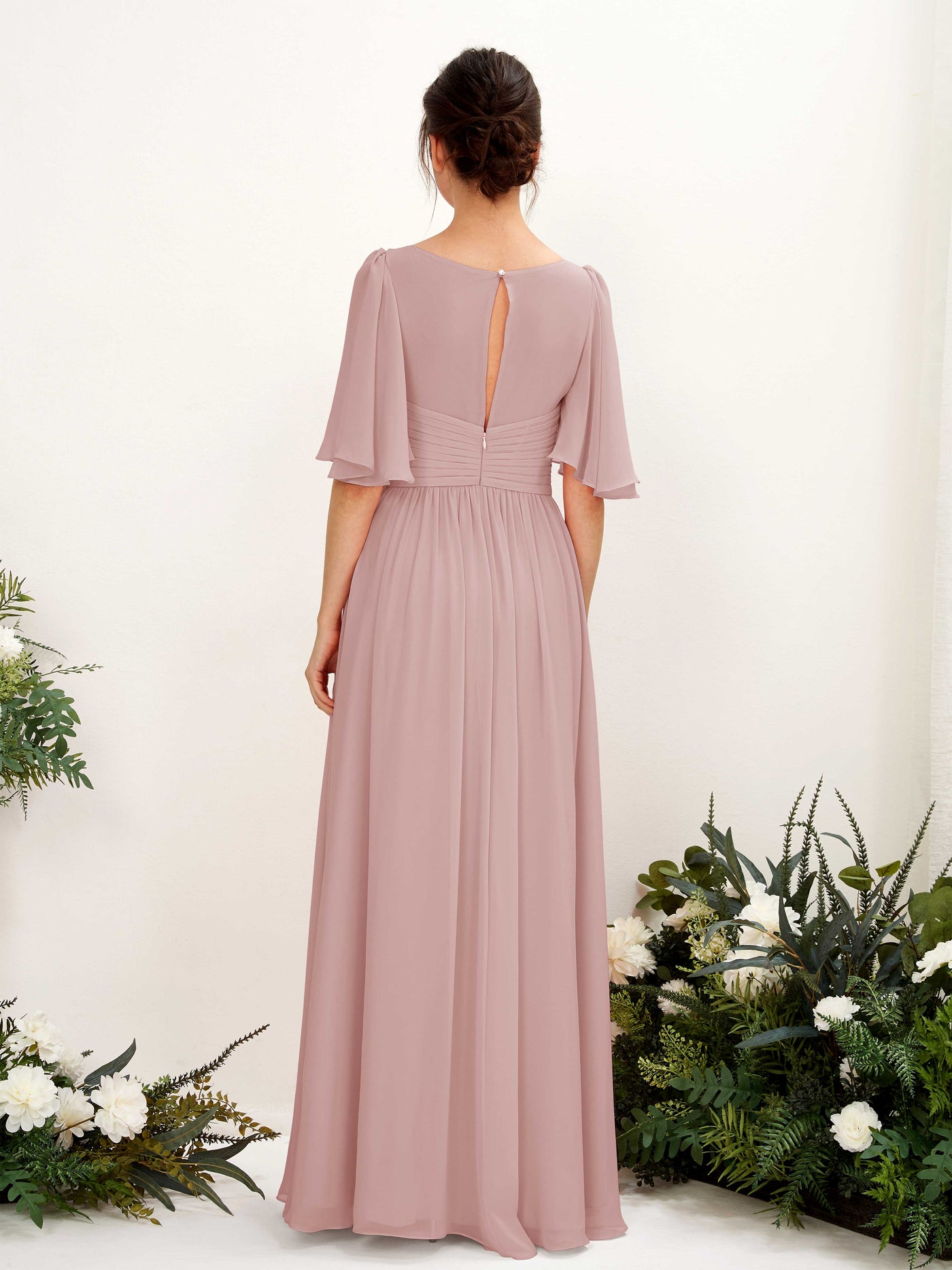 Carlyna Vestido Línea A escote en V manga corta hasta el suelo de gasa Rosa Polvorienta #color_rosa-polvorienta