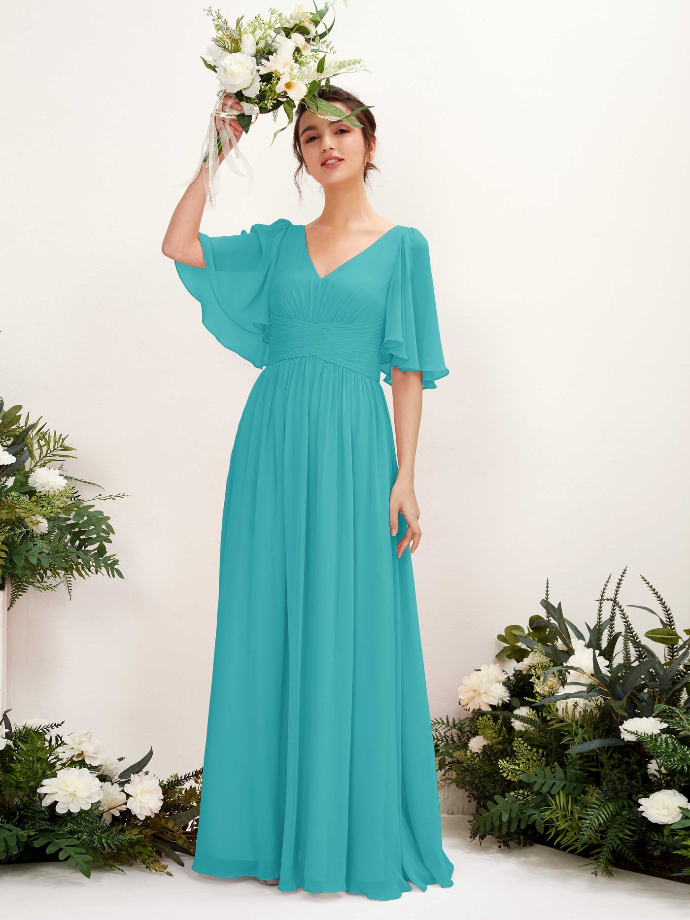Carlyna Vestido Línea A escote en V manga corta hasta el suelo de gasa Turquesa #color_turquesa
