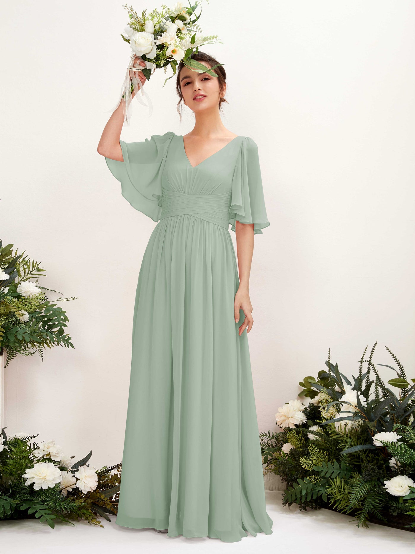 Carlyna Vestido Línea A escote en V manga corta hasta el suelo de gasa Verde Salvia #color_verde-salvia